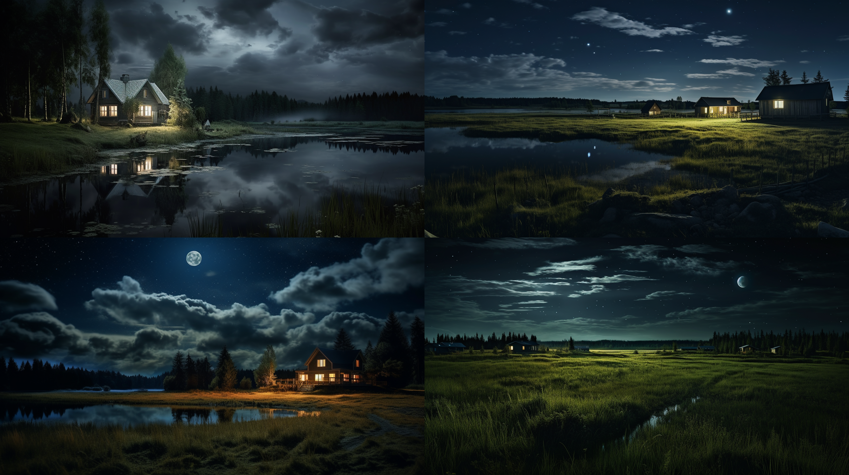 prompt. 夜晚草原，湖泊，白桦树林，农舍，玻璃窗，灯火通明，广角镜头，对角线构图，高清，夜幕，暗调，神秘，宁静。