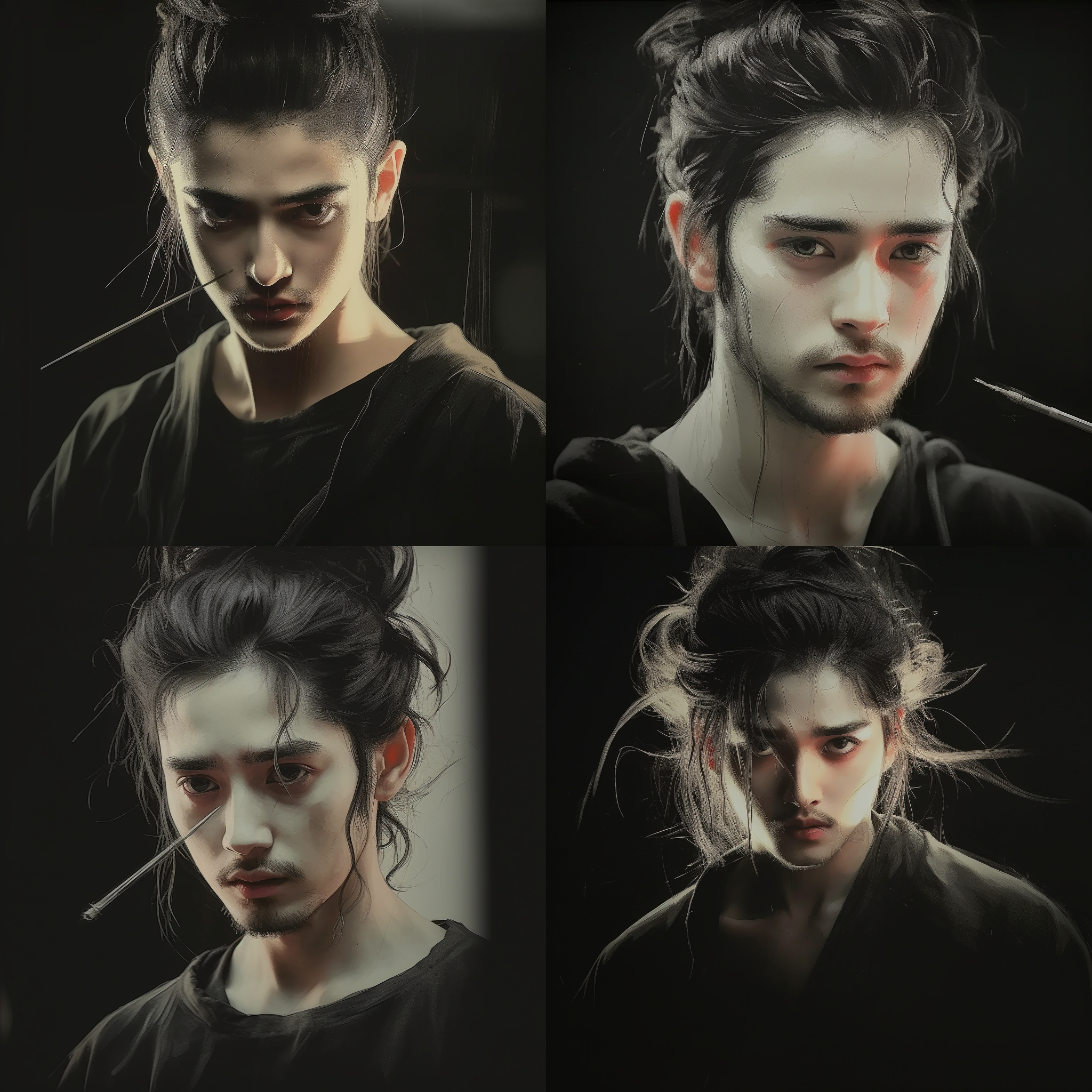 prompt. 男性孤独头像，低角度视角，黑白风格，暗室内，特写镜头，柔和侧光，沉思表情，冷色调，抑郁情绪。