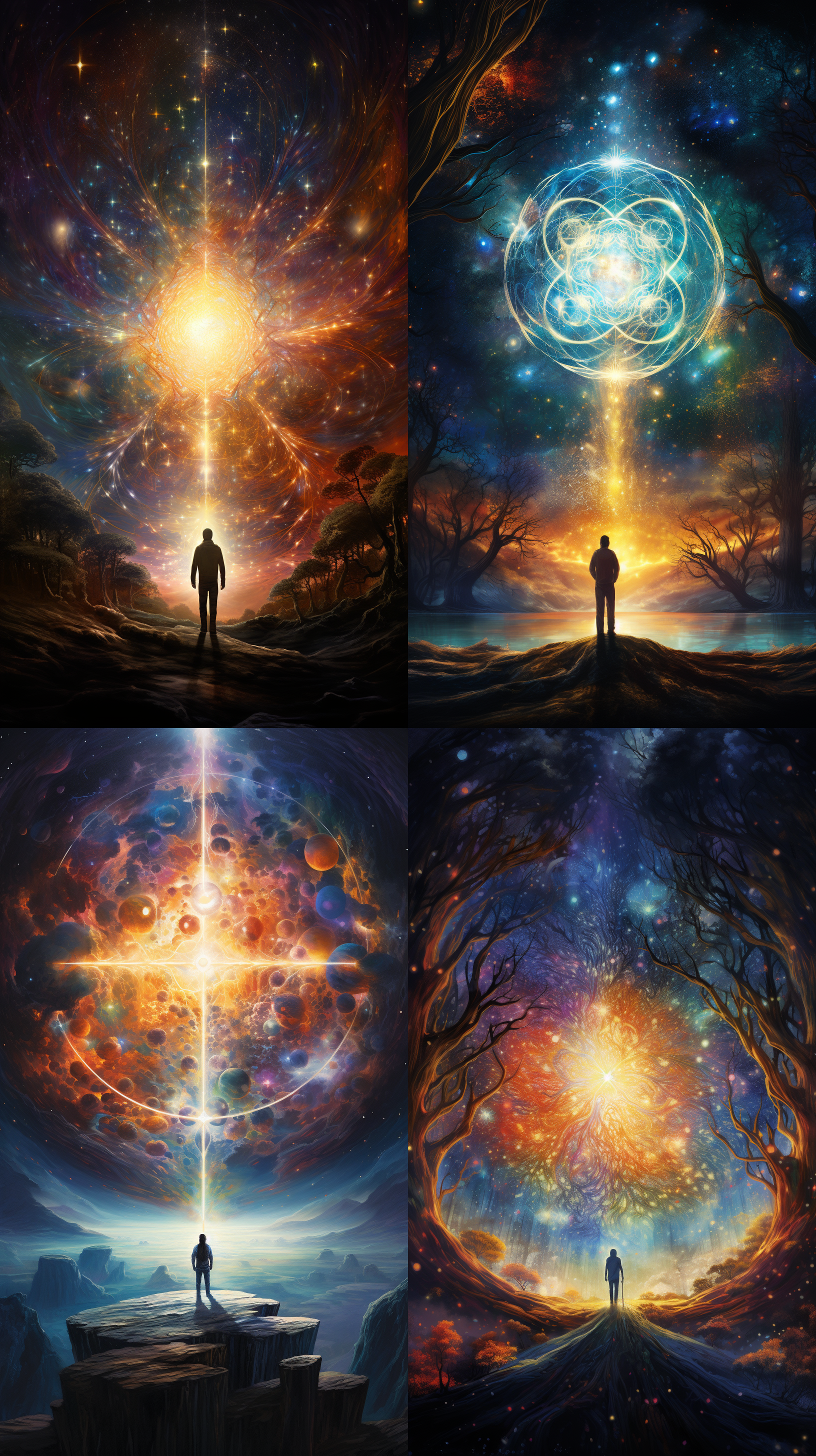 prompt. 宇宙链接自然，高维智慧，能量充盈，暖色调，宇宙背景，广角镜头，神秘光芒，浮动动作，宏伟，平静。