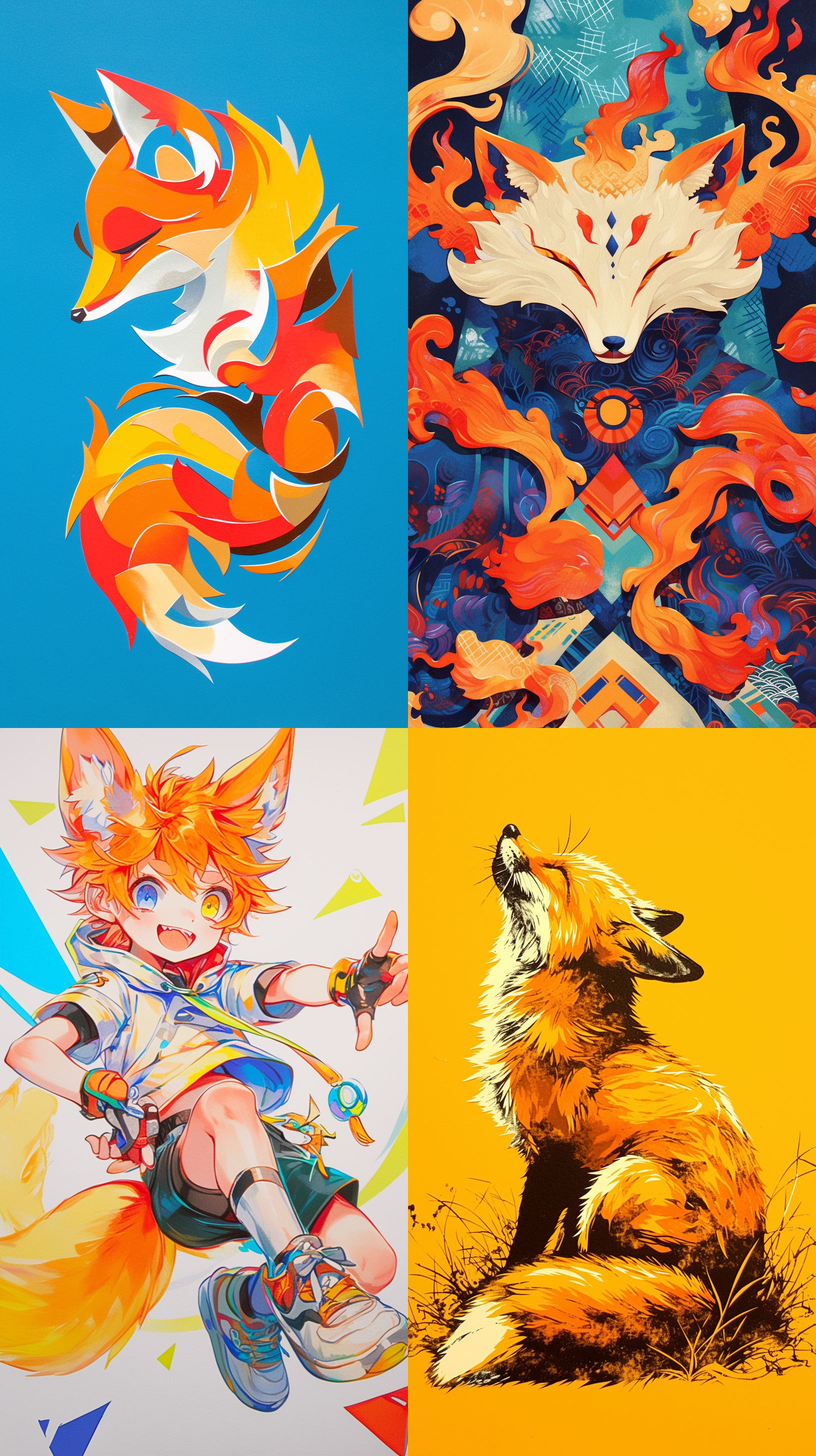 开朗狐狸少年，简约线条，马克笔 光绘 元神 标志 剪纸工艺 波普艺术 风格派