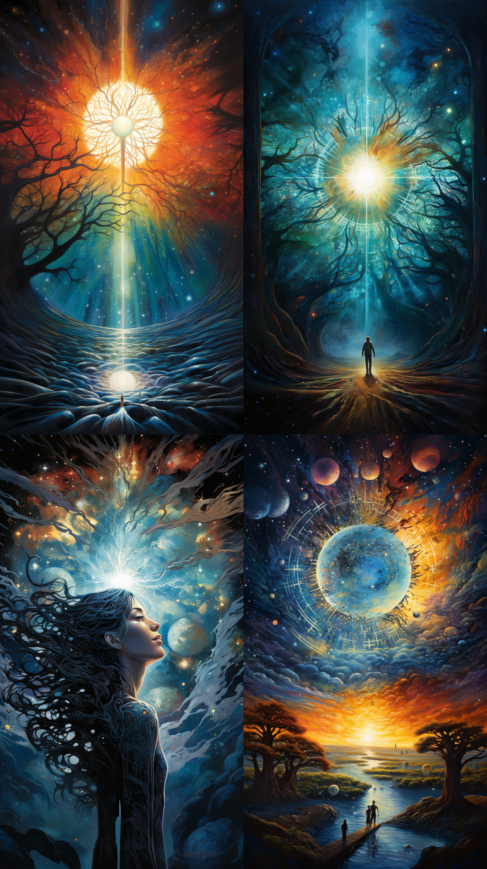 prompt. 宇宙链接自然，高维智慧，能量充盈，暖色加蓝色调，宇宙背景，广角镜头，神秘光芒，浮动动作，宏伟，平静。