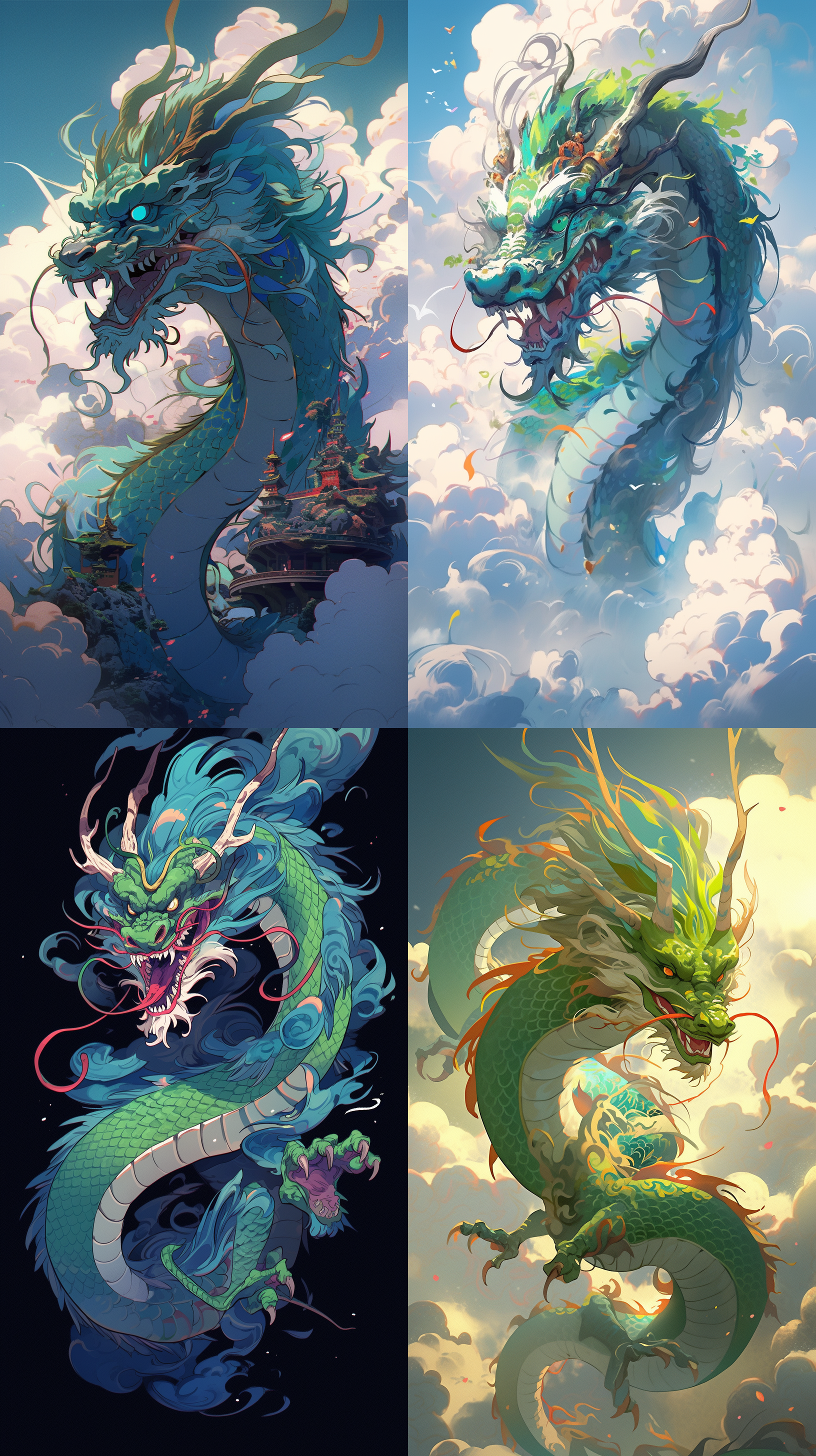 chinese dragon, in the sky, in the style of new haicheng, simple and rich in details, in royal blue and green, full of storytelling, 32k