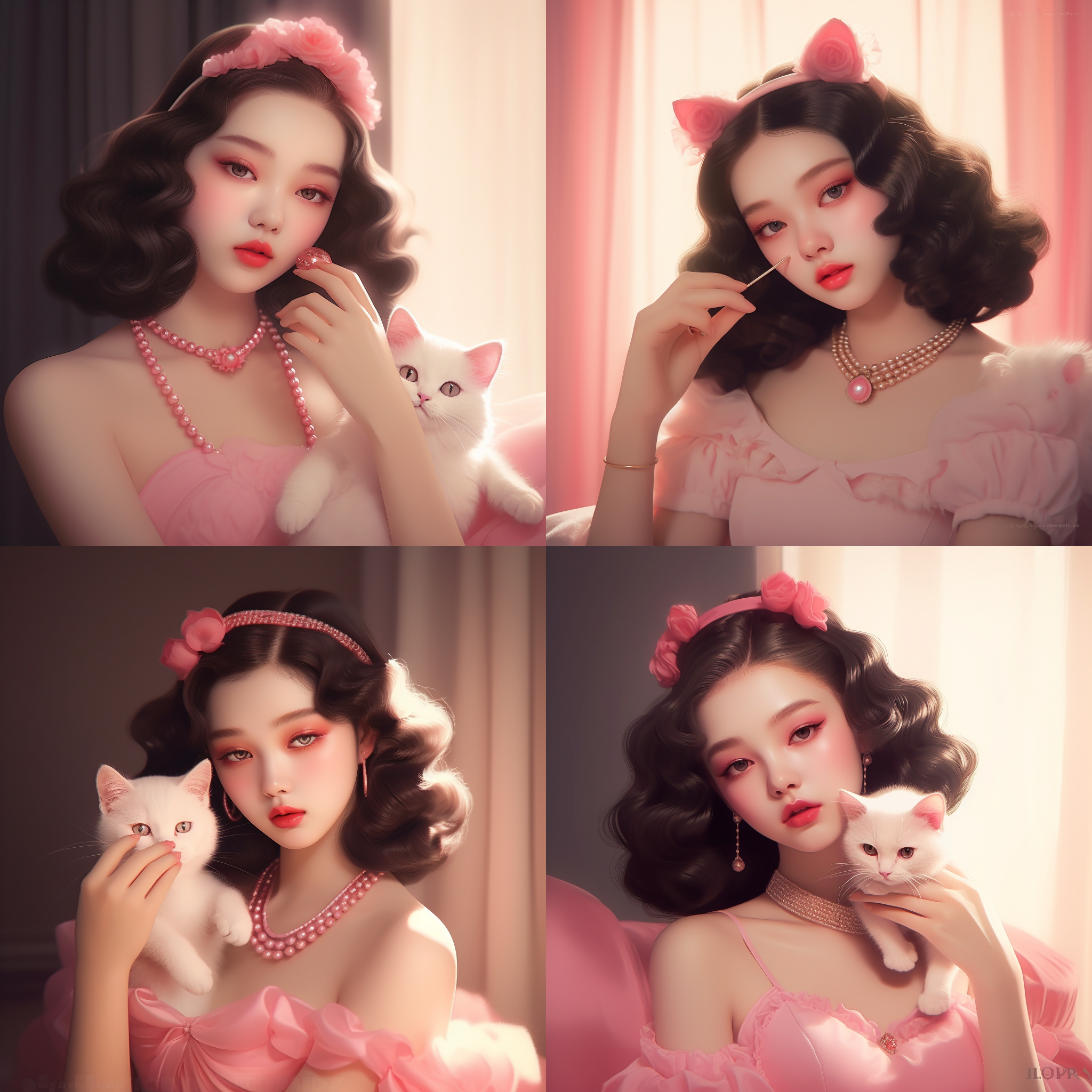 prompt. 少女抱布偶猫，吃樱桃，法式沙发背景，水晶吊灯，柔和光线，中焦镜头，温暖色调，静态，温馨。