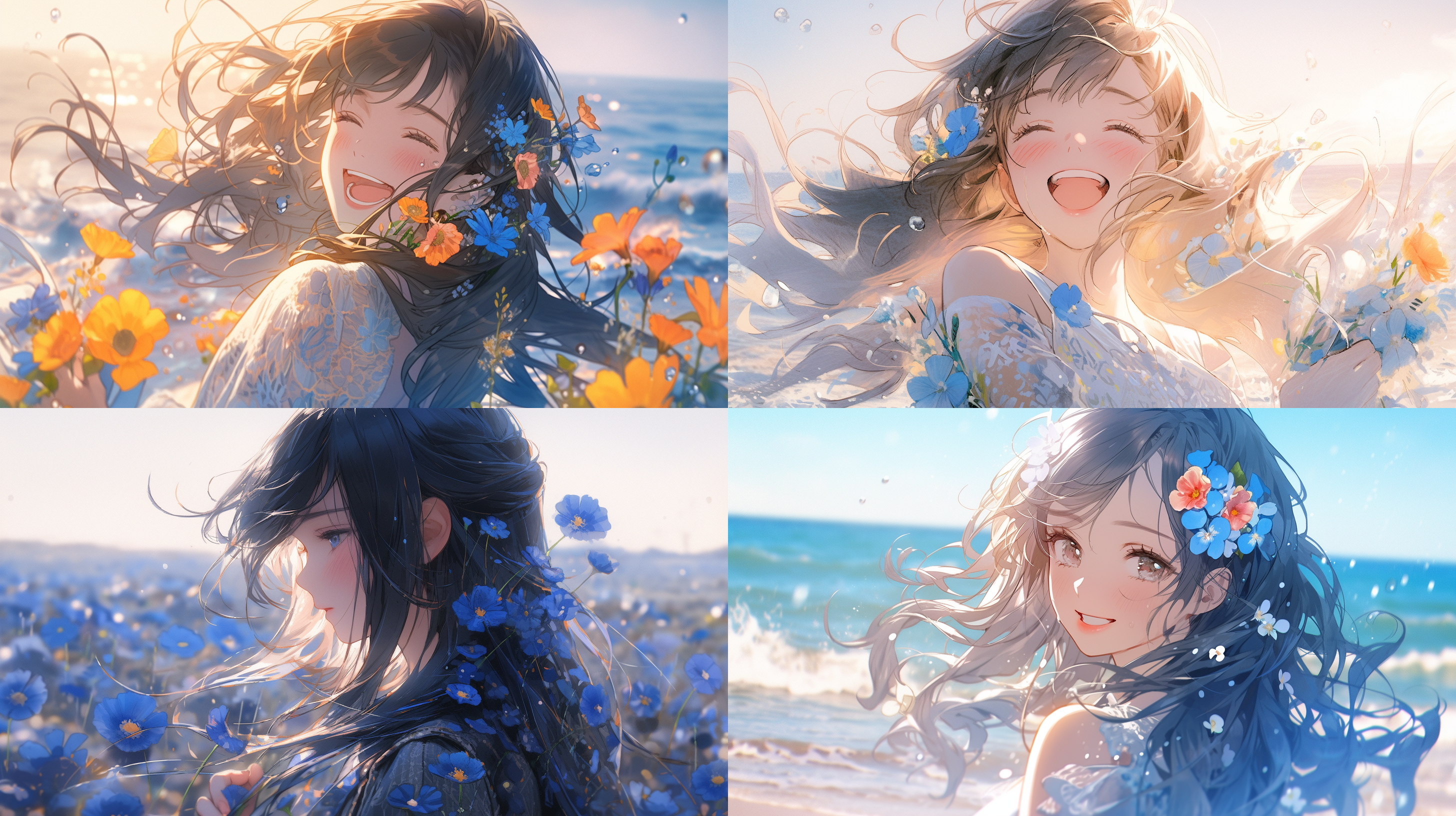 prompt. 亚洲女人，可爱，自然风光，花海中，清晨，微笑，长发飘逸，连衣裙，柔和光线，肖像模式，温暖色调，愉悦，轻松。 海滩 头部特写 艳蓝