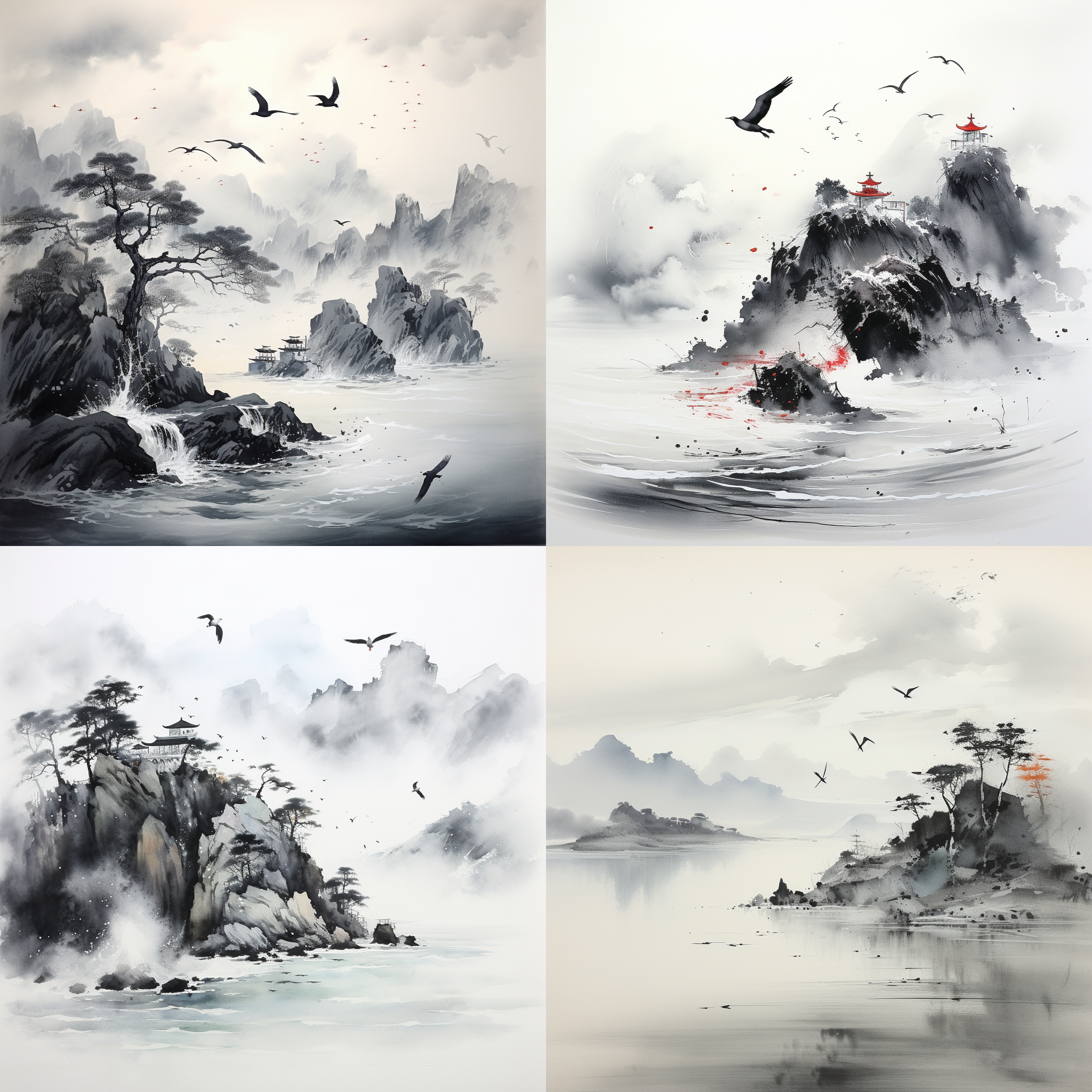 chinese ink painting,the sky so wide,birds are flying back to the clear white-sand islet.