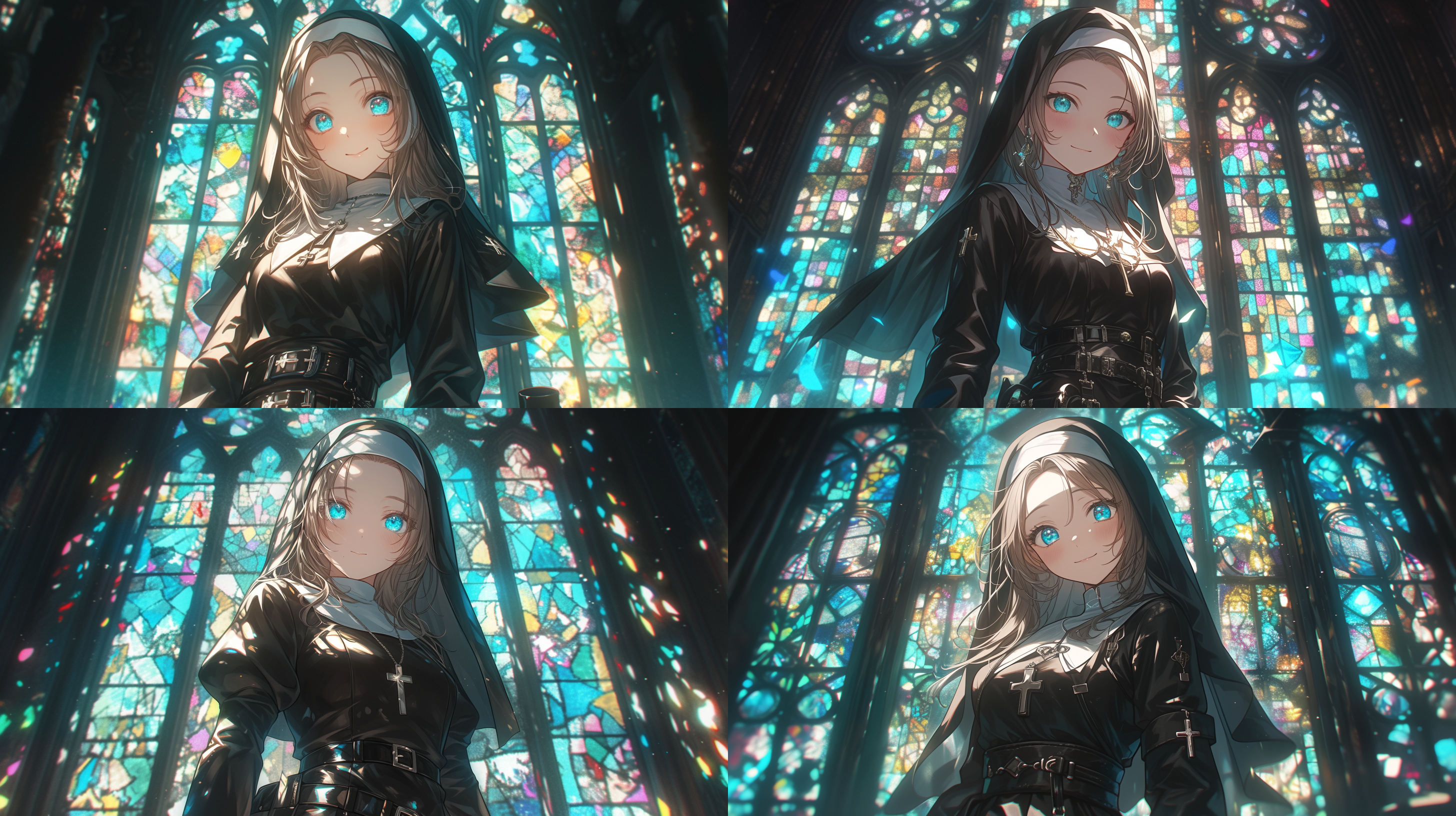 修女，二次元插画，背景为整面的落地琉璃镜，透视布局，45°，明亮的色彩，柔和的笔触，可爱的表情，戴着修女帽和紧身修女制服，温柔的眼神，充满关怀。