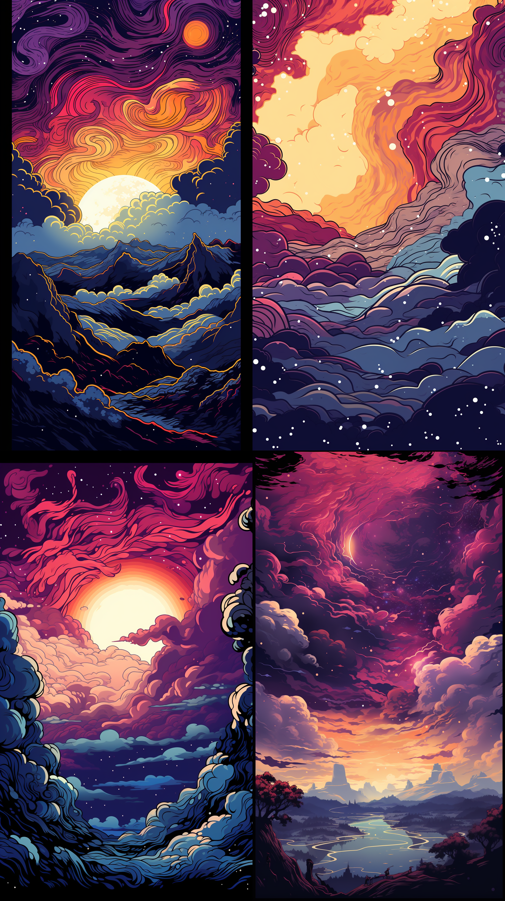 blank frame with a black, navy and dark purple background, in the style of lively illustrations, magenta and amber, comic strip imagery, joyful celebration of nature, expansive skies, cartelcore, asymmetrical shapes
