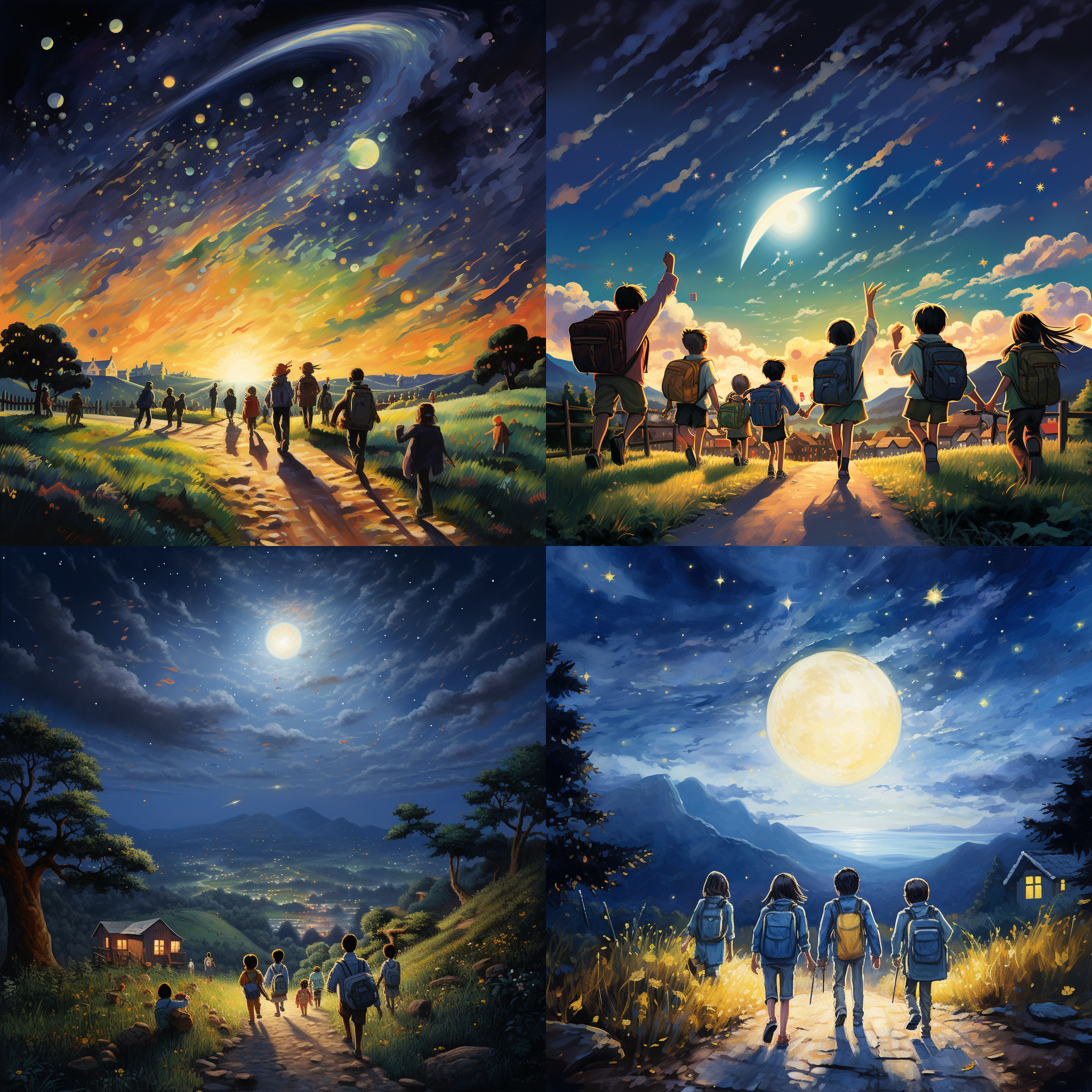黎明，朝气蓬勃的小学生背着书包走在弯曲的乡间小路上，天空无数颗繁星，还有4~5颗流星，月光皎洁，他们有说有笑去上学