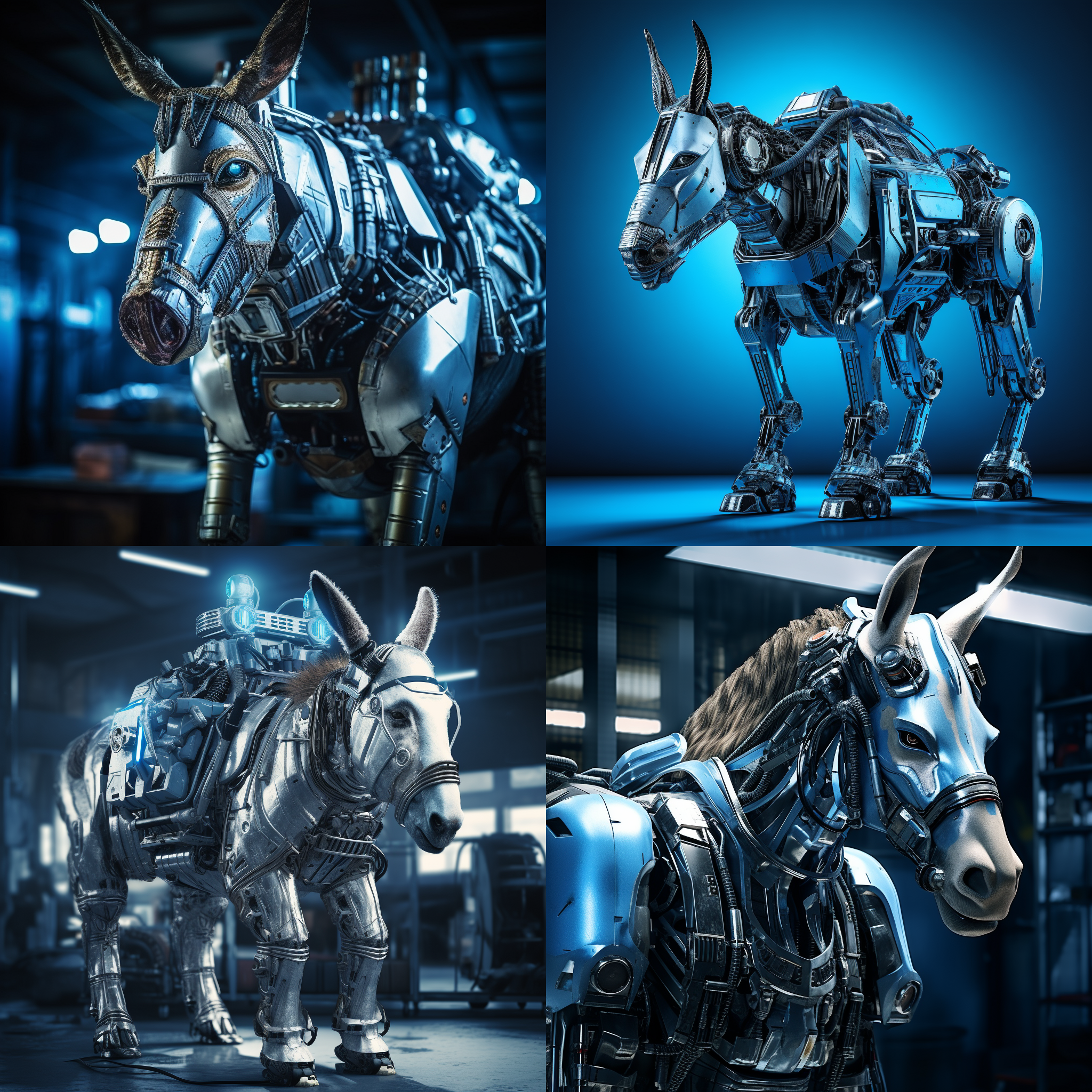 核能量驴，赛博朋克风格，机甲科幻，商务办公场景，金属质感，蓝色调，长焦镜头，侧面光，站立，未来感。