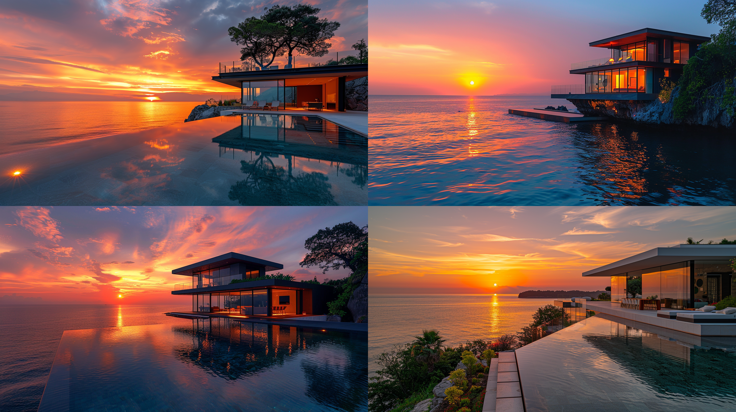 大海，小岛，现代玻璃别墅，夕阳 海岸线，玻璃反射，暖色调，远景，室外，日落，广角镜头，剪影，和谐，宁静。