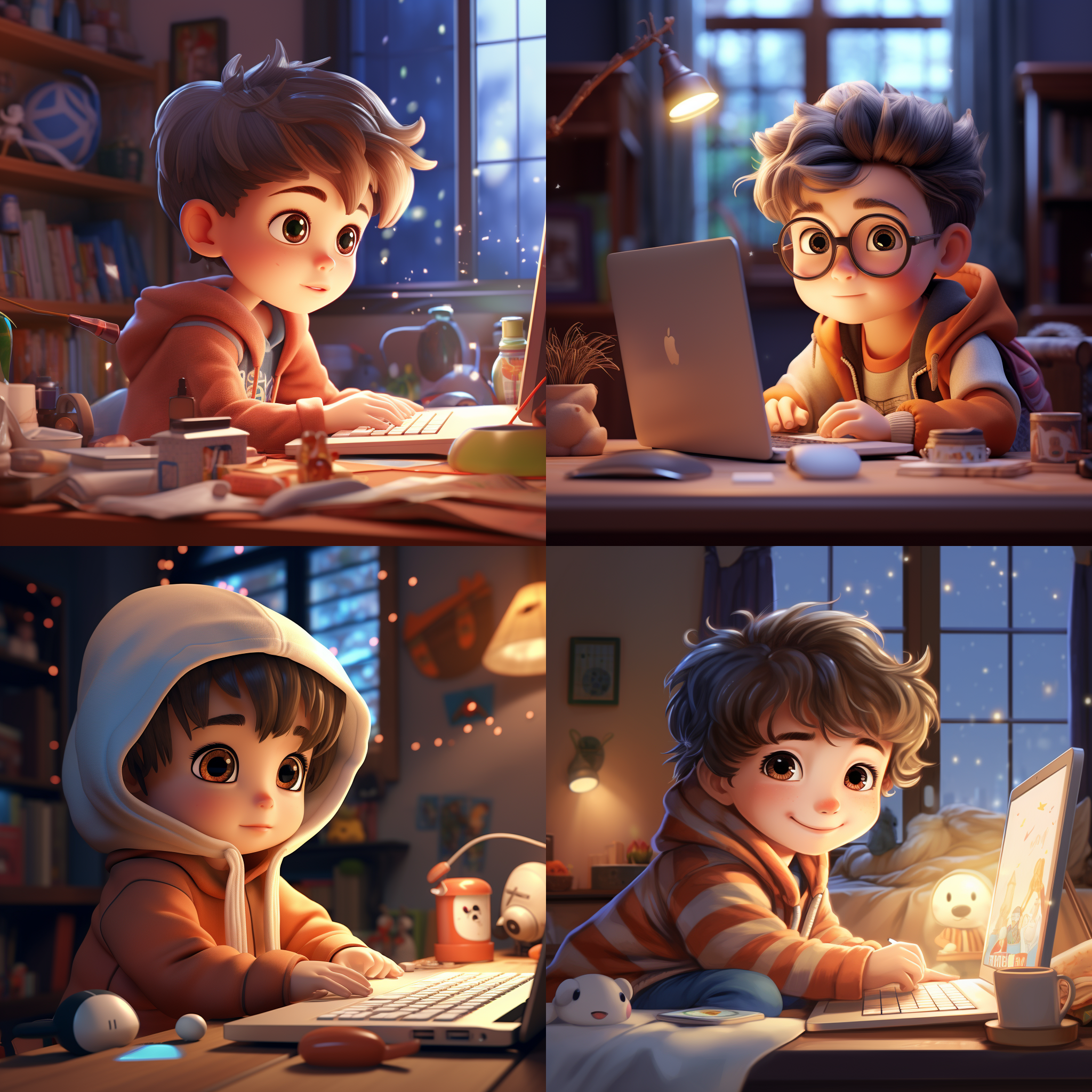 一个可爱的中国小男孩看电脑学习，聚精会神看着电脑，家中卧室温馨美好，穿着衣服，发饰，神情自然，高端自然配色，明亮和谐，可爱多彩，光线追踪，泡泡商城风格，设计简洁，ip 盲盒形象，人物设计细节，c4d 风格，卡通写实，图书插图风格，4k 展示