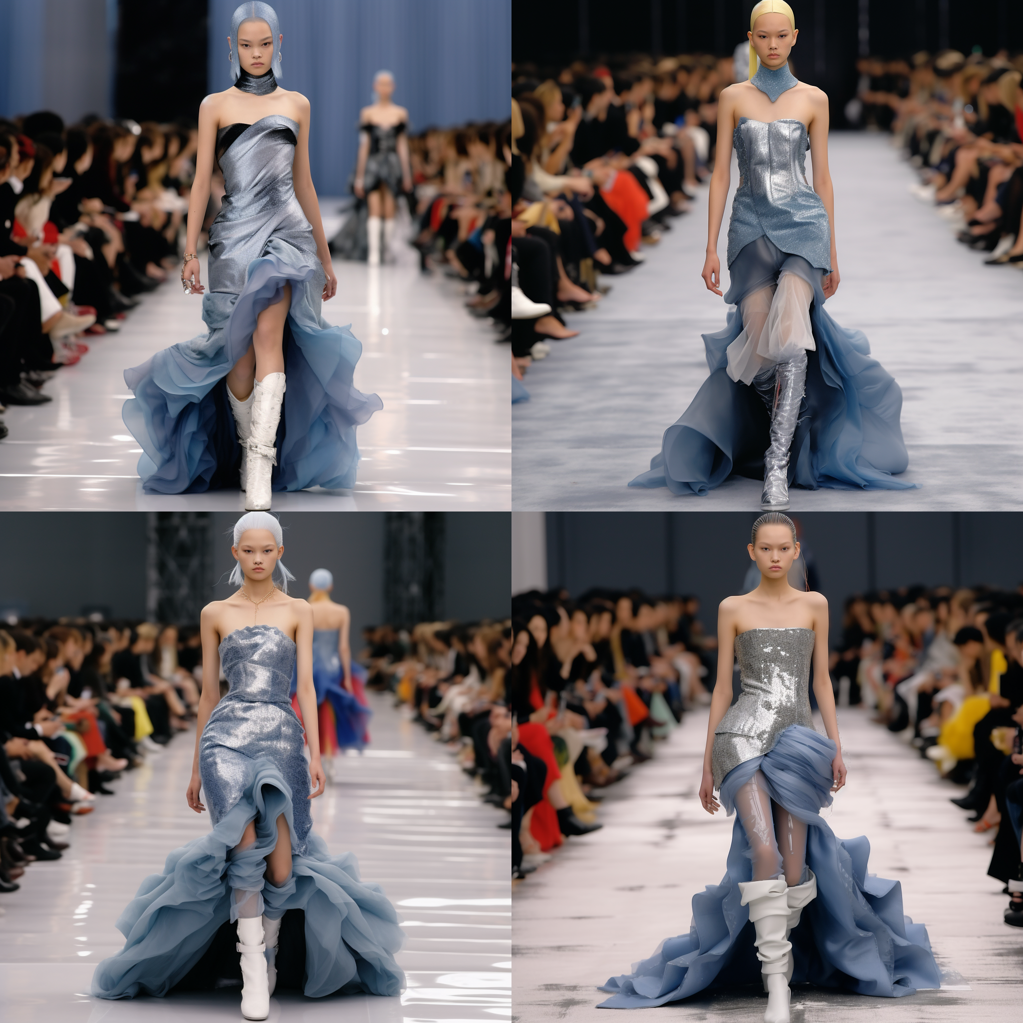 亚洲女模特，2000年代y2k风格，在走秀。厚底靴，彩色眼影，蕾丝丝袜，西装紧身外套，蝴蝶结耳环。闪光灯，鲜艳色彩，自信表情。高饱和度，宽屏幕比例，聚焦模糊，前景模糊，大光圈。镜头选择广角镜头。