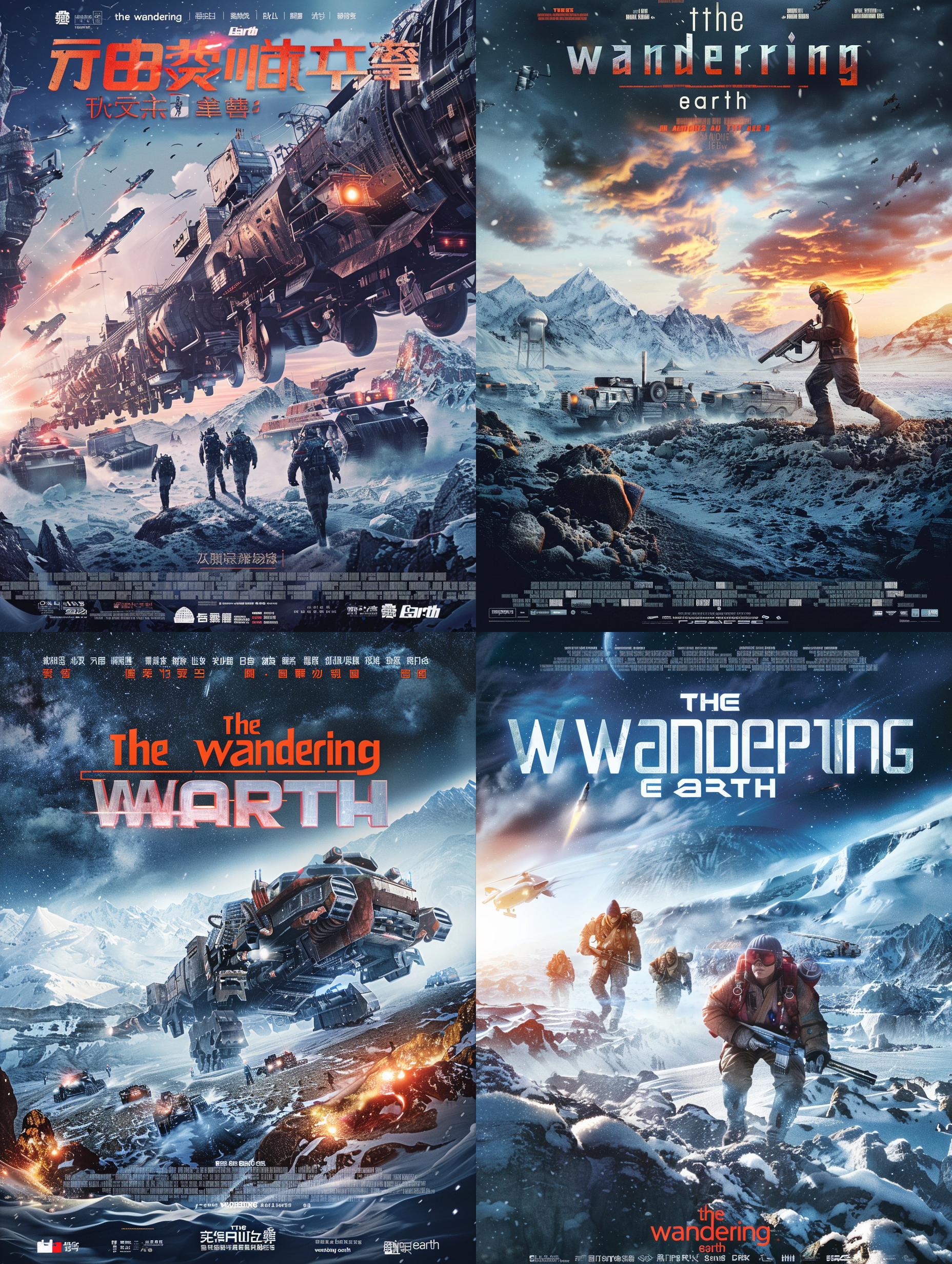 an ultra-realistic film poster with big title text "the wandering earth", ice and snow, ultra wide angle lens, matte painting for a movie poster featuring a torn horizon bathed in twilight glow.heroes emerging in foreground, protagonists capturing the essence of adventure in second plan. colossal machines in background,futuristic vehicles shaping the skyline. a visual epic where each element evokes wonder and excitement. film poster, 3d matte painting,blockbuster.