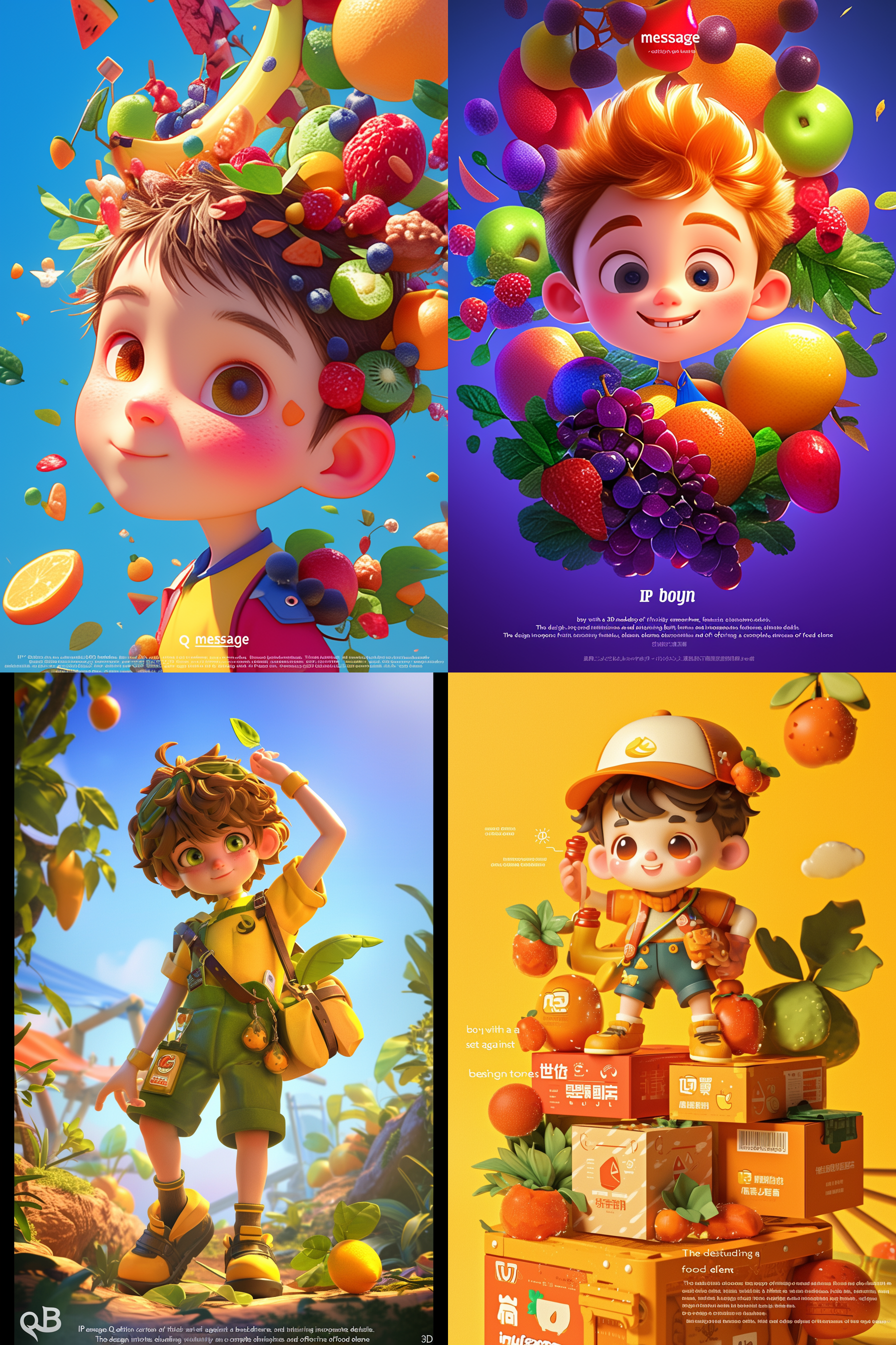 q版卡通ip男孩，3d模型，水果氛围背景，明亮色调，细节丰富，水果装饰元素，充满活力，完整展示，食物元素。 卡通风格，高清晰度，正面构图，鲜艳色彩，逼真质感，镜头聚焦，柔和光线，微笑表情，生动活泼，水果服饰，童趣。