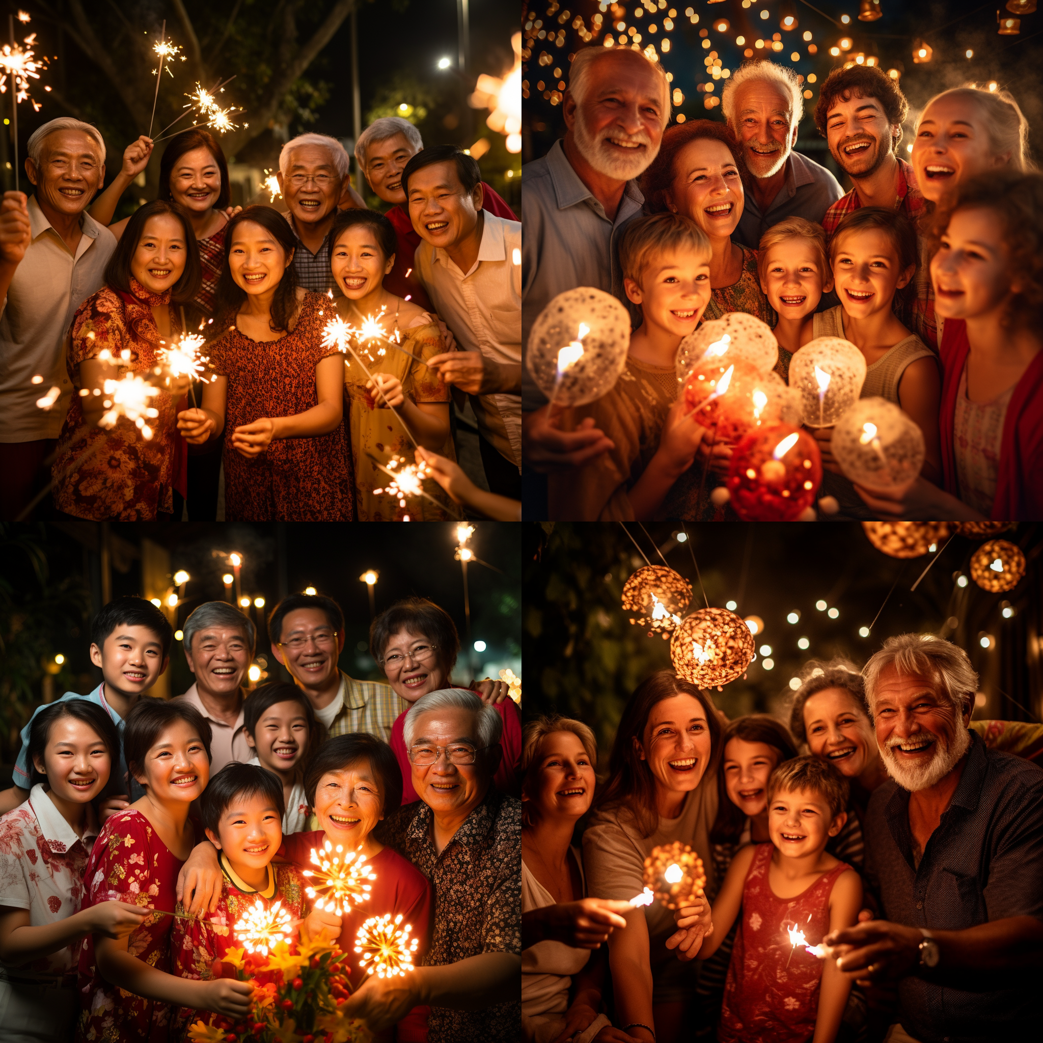 家庭团聚，快门延时，户外夜晚，灯笼装饰，烟花绽放，笑容满面，多代人，温馨幸福，全家团圆，暖色调，嬉笑怡悦，传统节日，群体肖像。