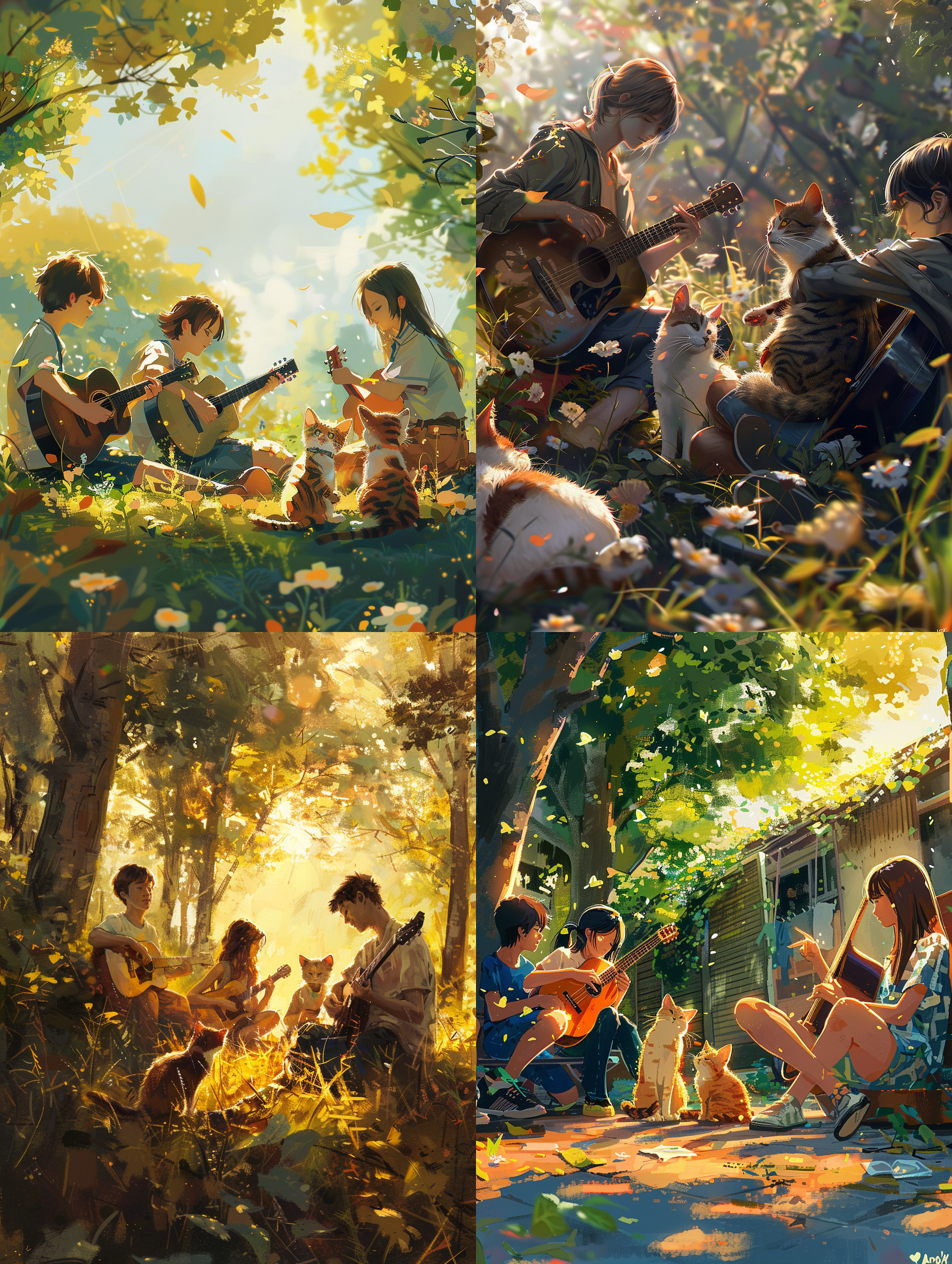 prompt. 高中生弹吉他，四小猫听歌，清晰细节，户外，暖色调，长焦镜头，自然光，音乐，轻松愉悦，活泼。