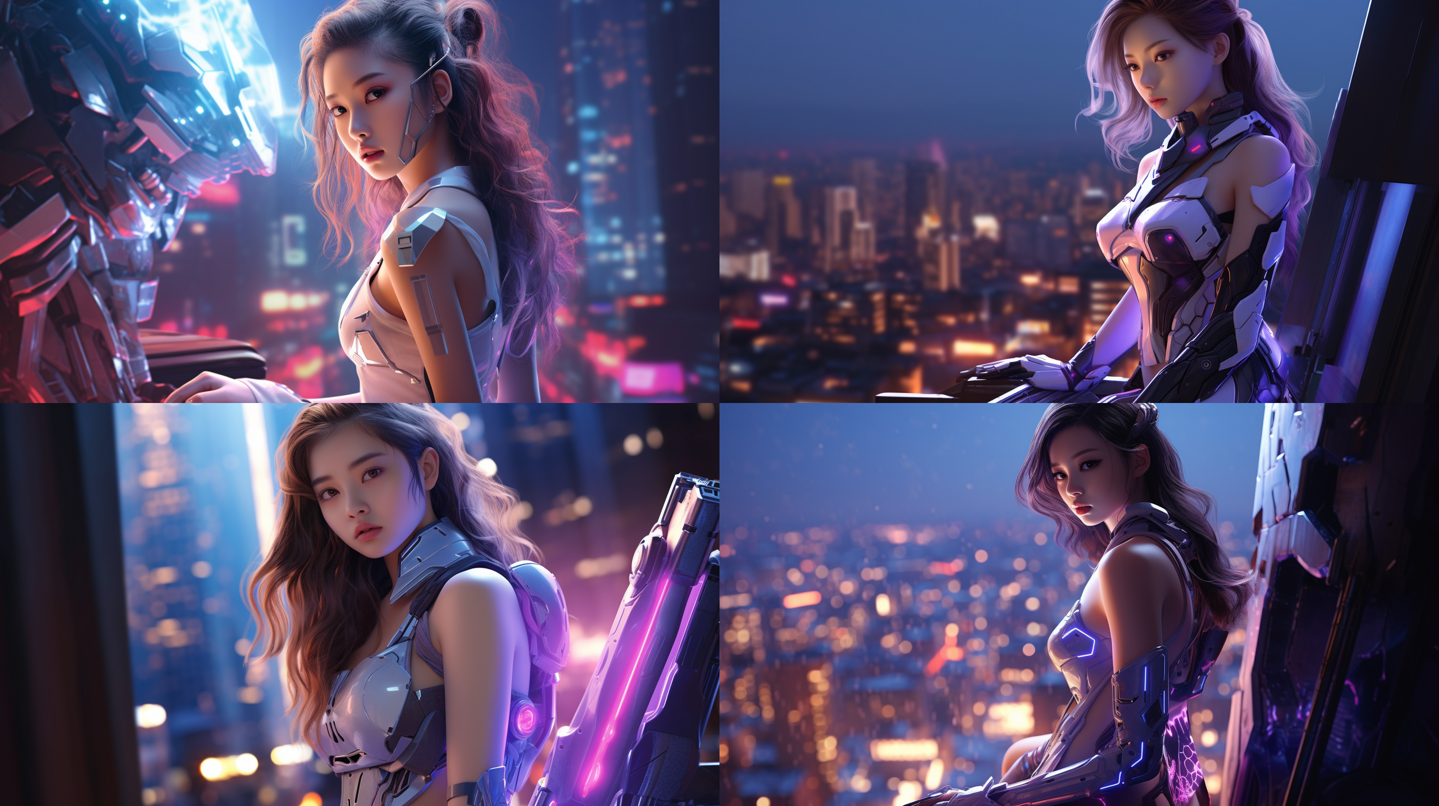 美女手持高科技武器，外骨骼装甲，机甲风格，丸子头，城市夜景，全景图，未来感，全息投影，紫色照明，透视构图，长焦镜头，侧光，霓虹灯光，冷色调，自信表情