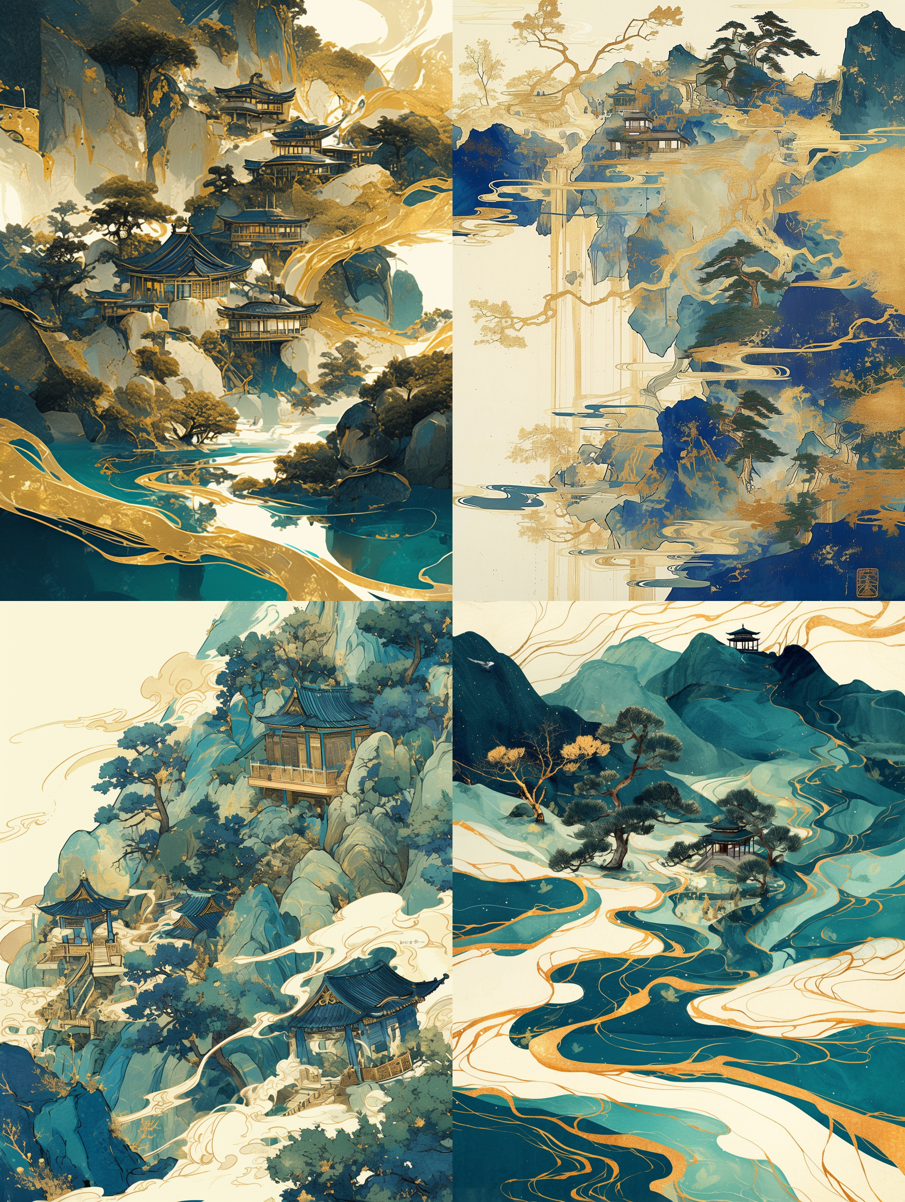 中国刺绣，金蓝绿山水，亭台树木，镀金，流动的液体金，极简色块，写意笔法，留白，有机形态，简洁背景。