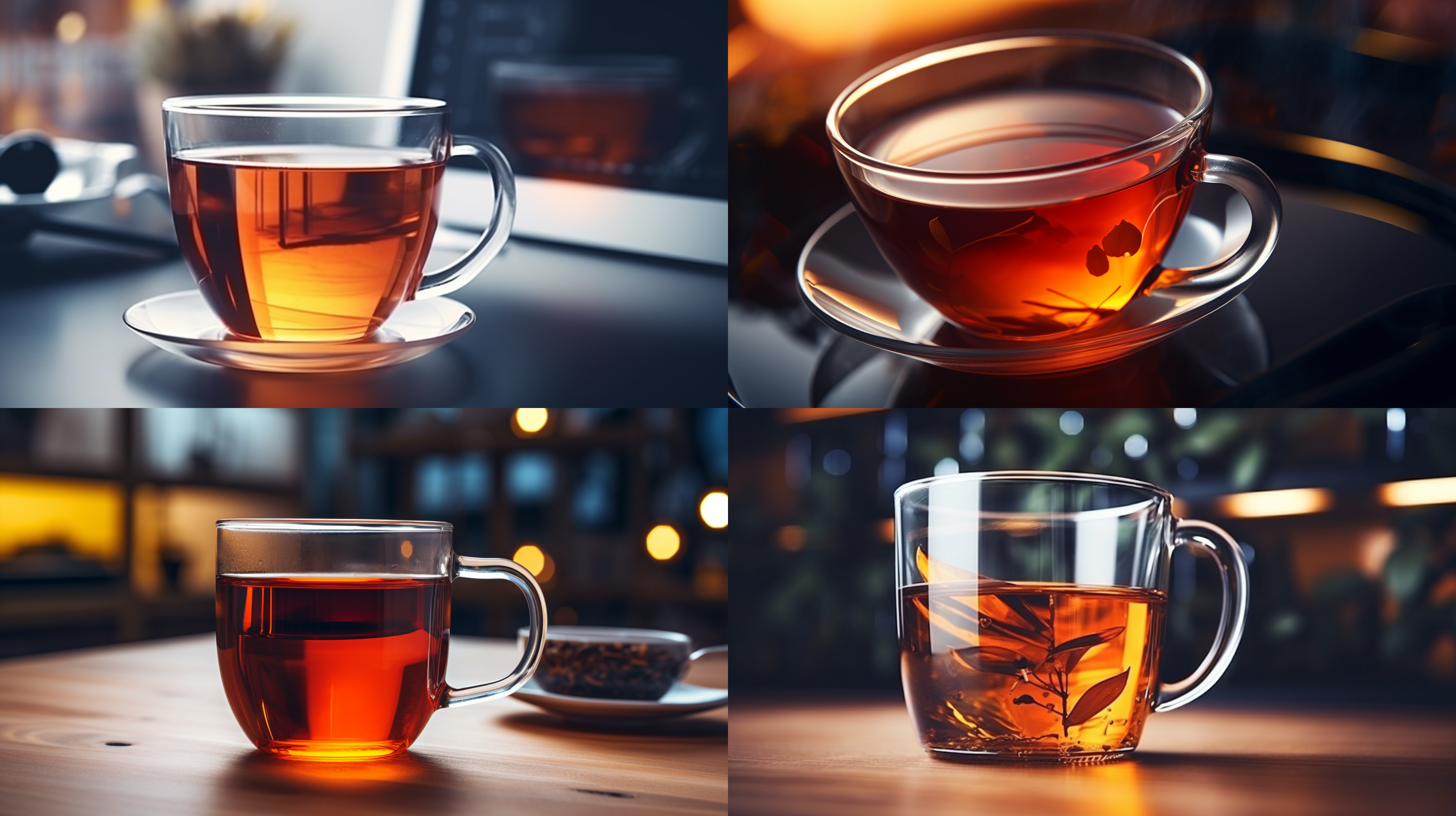 玻璃杯红茶，近景，办公室内，暖色调，静态，平面构图，细节抓取，透视感，静谧，清晰对焦。