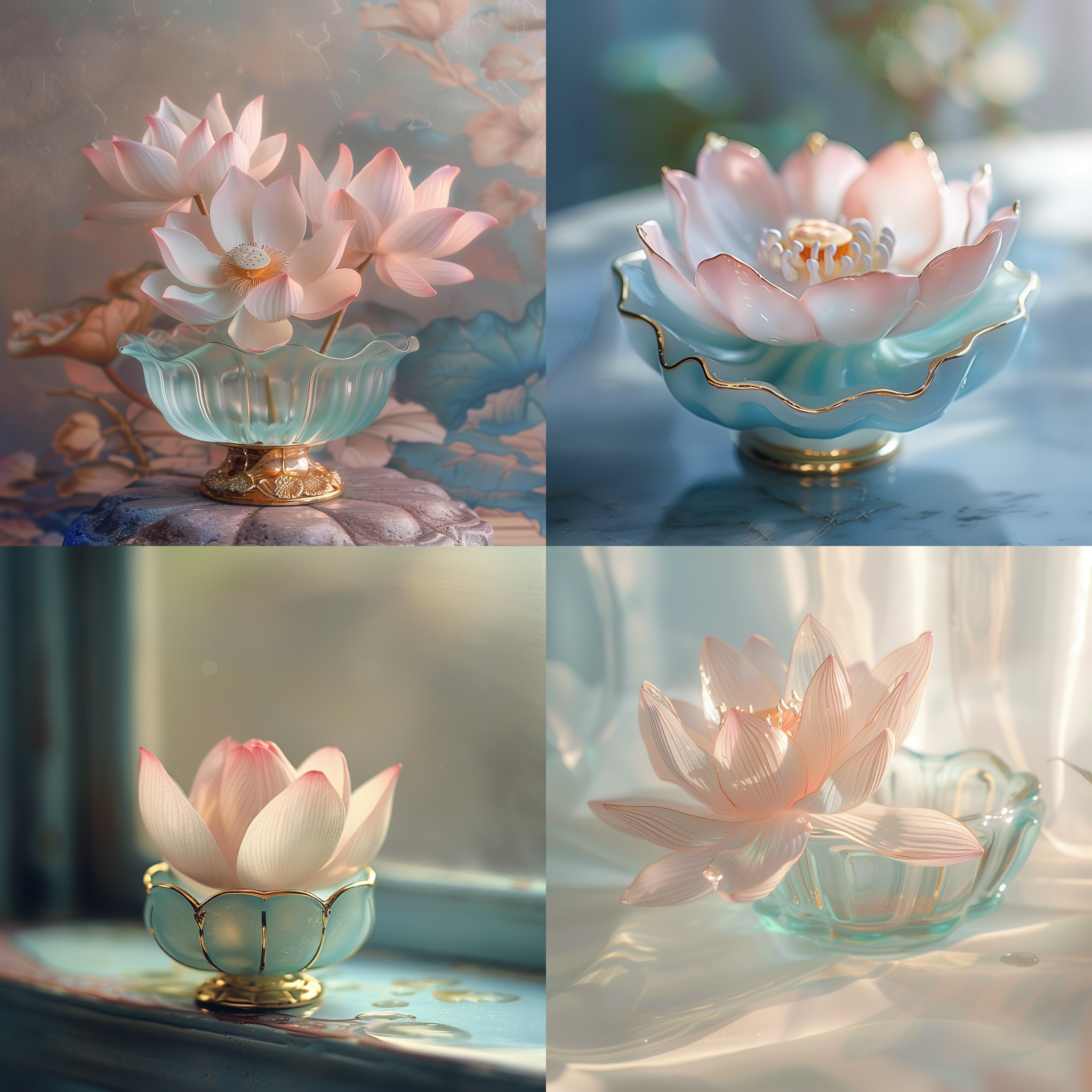 唯美古风，淡青色琉璃，透明淡粉色莲花，浅金色边，精美细致，high details，古典摄影风格，朦胧光线，柔焦效果，静态，宁静，优雅，神秘。