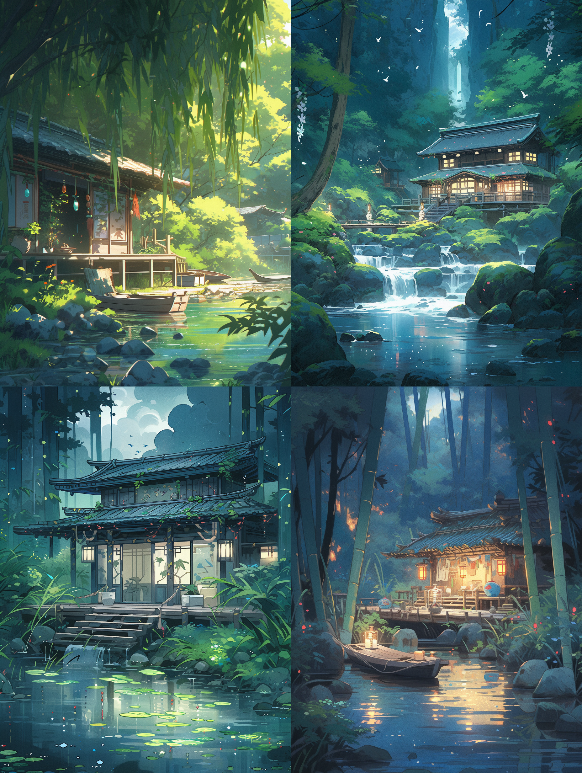 翠竹深处的小屋，天堂般的景色，小桥流水，竹林环绕，巫观中风格，中国传统画风，富有想象力，幻想，高级色彩搭配，美到难以置信，壮丽，长镜头，16k，uhd，超高分辨率。