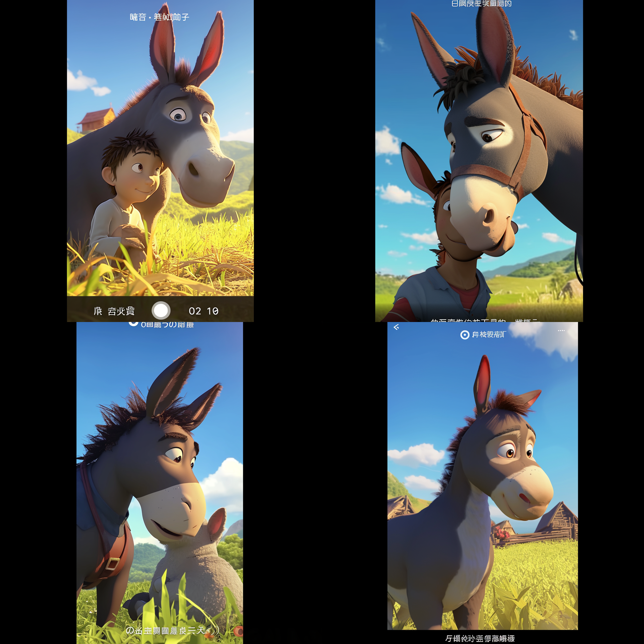 男人和小毛驴，3d动漫风格，乡村田园，色彩鲜艳，柔和光线，互相凝视，温馨友爱，笑容满面，可爱活泼。