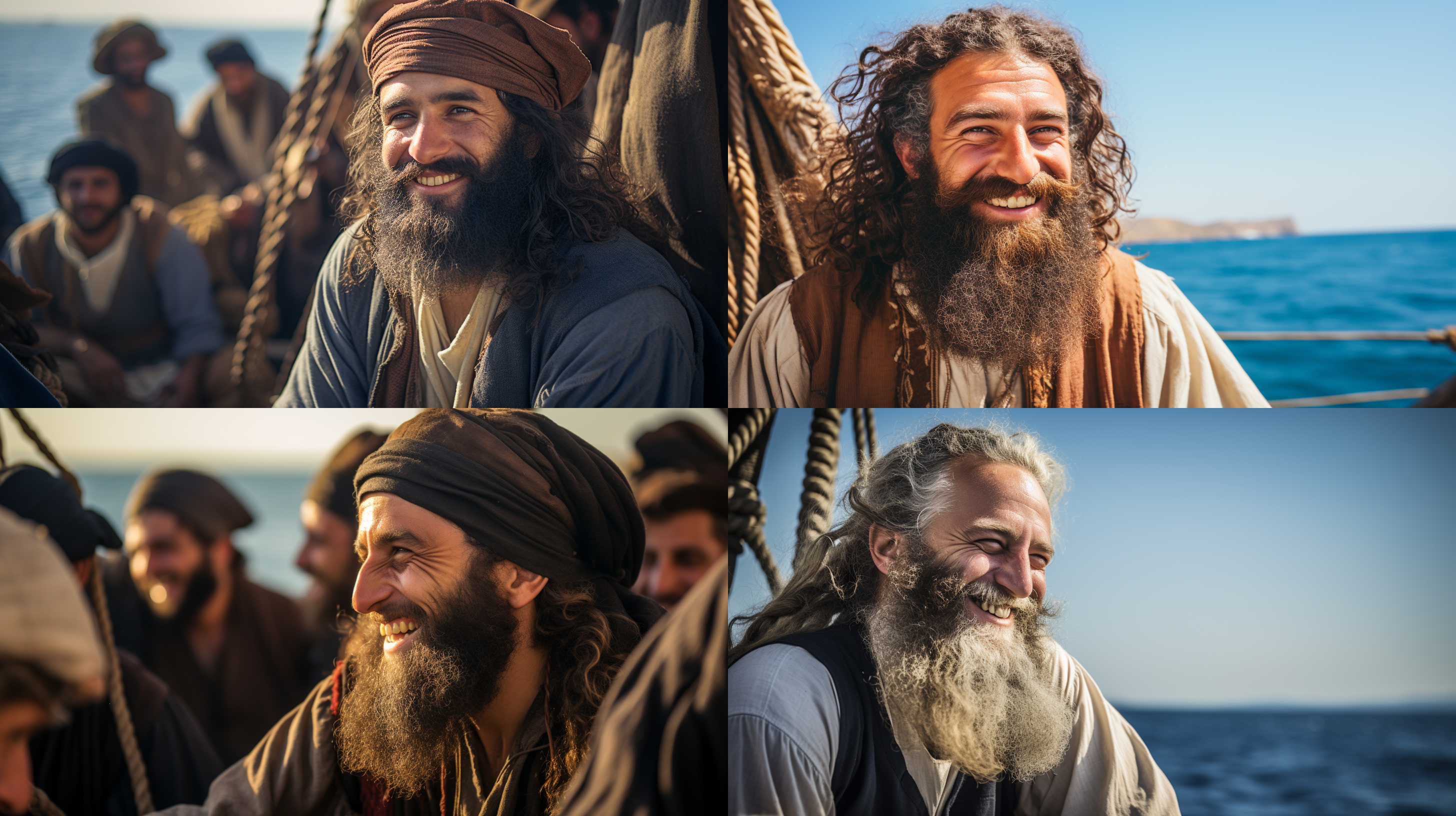 古代犹太男人在加利利海上的船上讲话，络腮胡，微笑，阳光下，湛蓝海水，传统服饰，大光圈，中焦距镜头，自然光，表情丰富，友好。