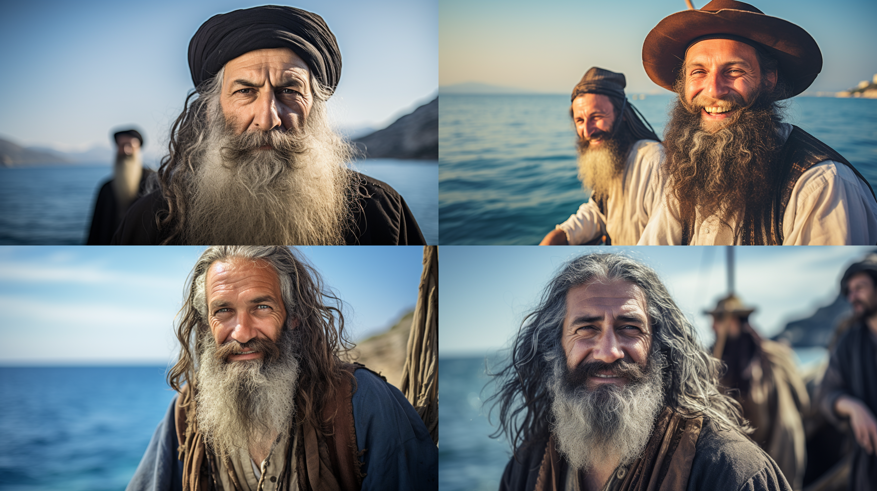 古代犹太男人在加利利海上的船上讲话, 络腮胡, 微笑, 阳光下, 湛蓝海水, 传统服饰, 大光圈, 中焦距镜头, 自然光, 表情丰富, 友好, 全景拍摄.