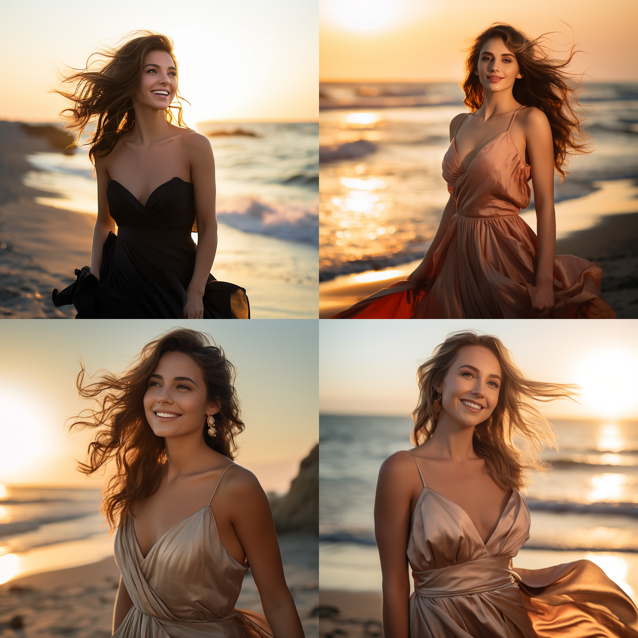 漂亮女性，穿着华丽的晚礼服，站在海边，阳光照耀下，微笑着望向远方。背景有壮丽的海浪和日落景色。柔光，大光圈，长焦镜头，优雅，自信，喜悦，自然色调。