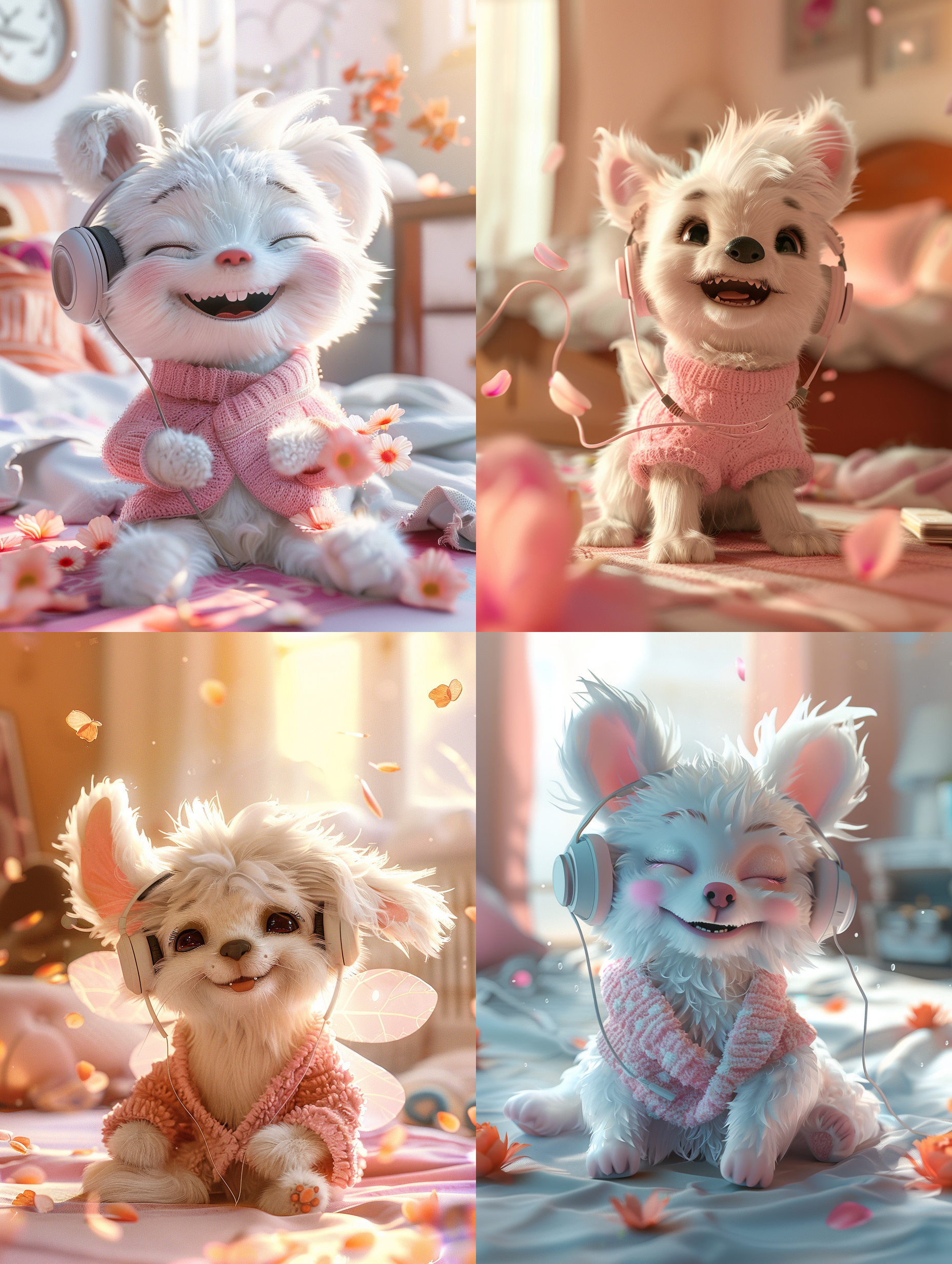a cute and sweet pixar style white fairy baby dog, sweet smile, small peach bloson around, wearing a big headphone, smile, enjoying music, in the background is the bright bedroom, clean sunshine, enchanting, hairy, shiny mane, petals, fairy tales, wearing a pink sweater, incredibly high detail, pixar-style, bright colors, natural light, sofawink background, octane render, popular on artstation, gorgeous, ultra wide angle, 8k, hd realistic, 8k hd