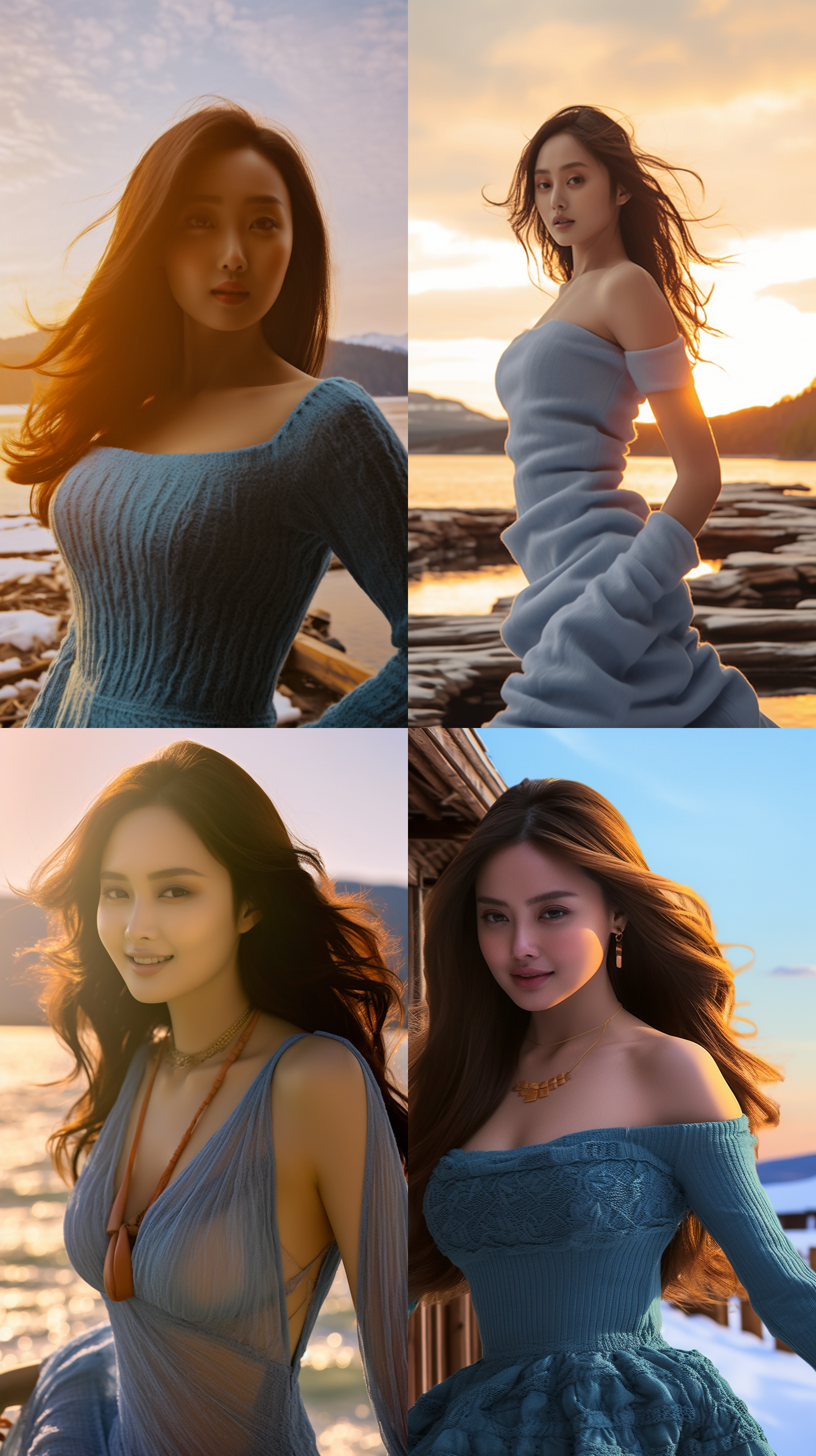 年轻亚洲女性，背景大海，夕阳下，长发飘逸，身着白色连衣裙，微笑着，手臂张开，眼神自信。清晰焦点，浅景深，远处波涛汹涌，大气磅礴，镜头透视感强烈，色调柔和，温暖光线，轻盈动作，自由与勇敢的象征。