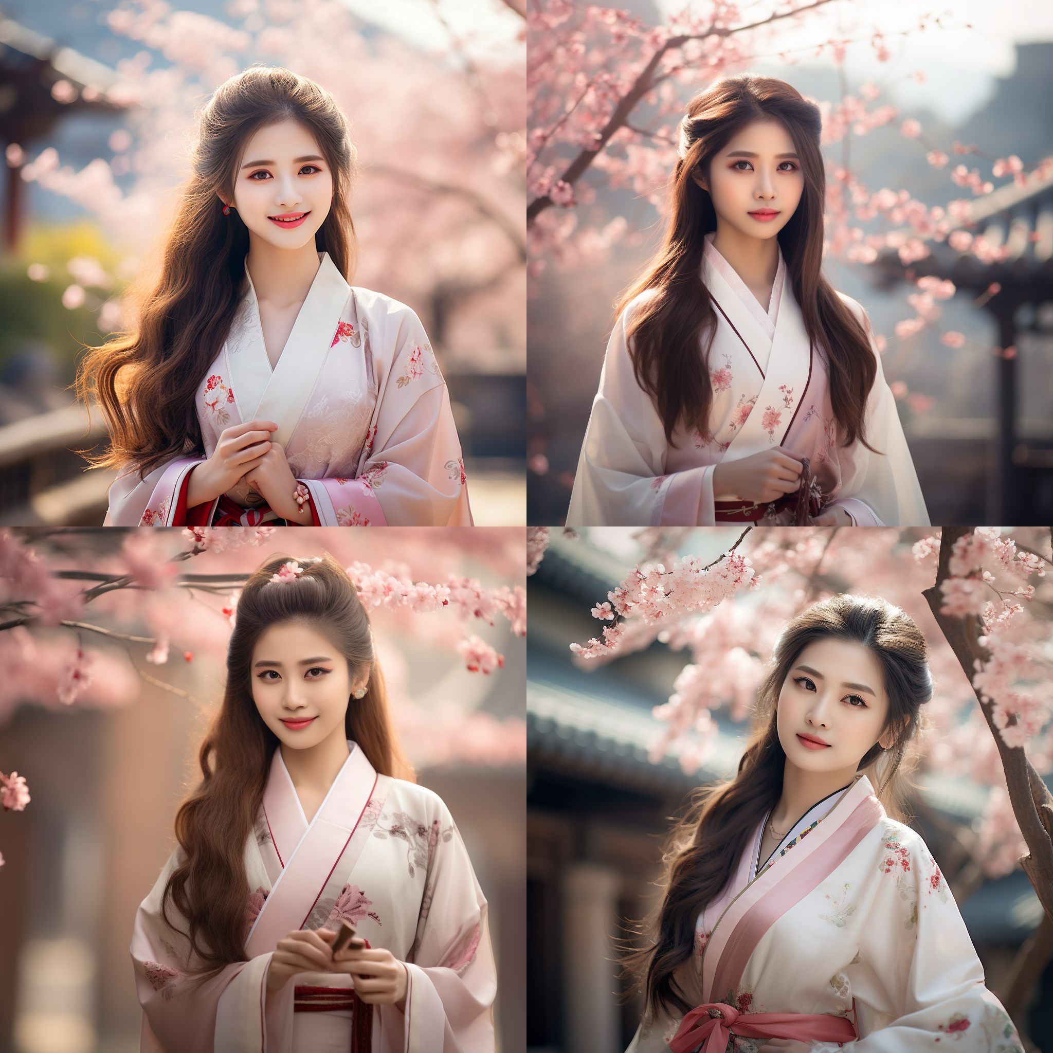 美女长发，穿着传统的中国风服饰，微笑着。她站在一片开满樱花的庭院中央，背景是古老的建筑和山脉。照片采用柔光和柔和色调，展现出宁静和优雅的氛围。人物置于画面右侧，通过对角线构图突出主题。中国风，樱花，庭院，古建筑，山脉，柔光，柔和色调，优雅，宁静。