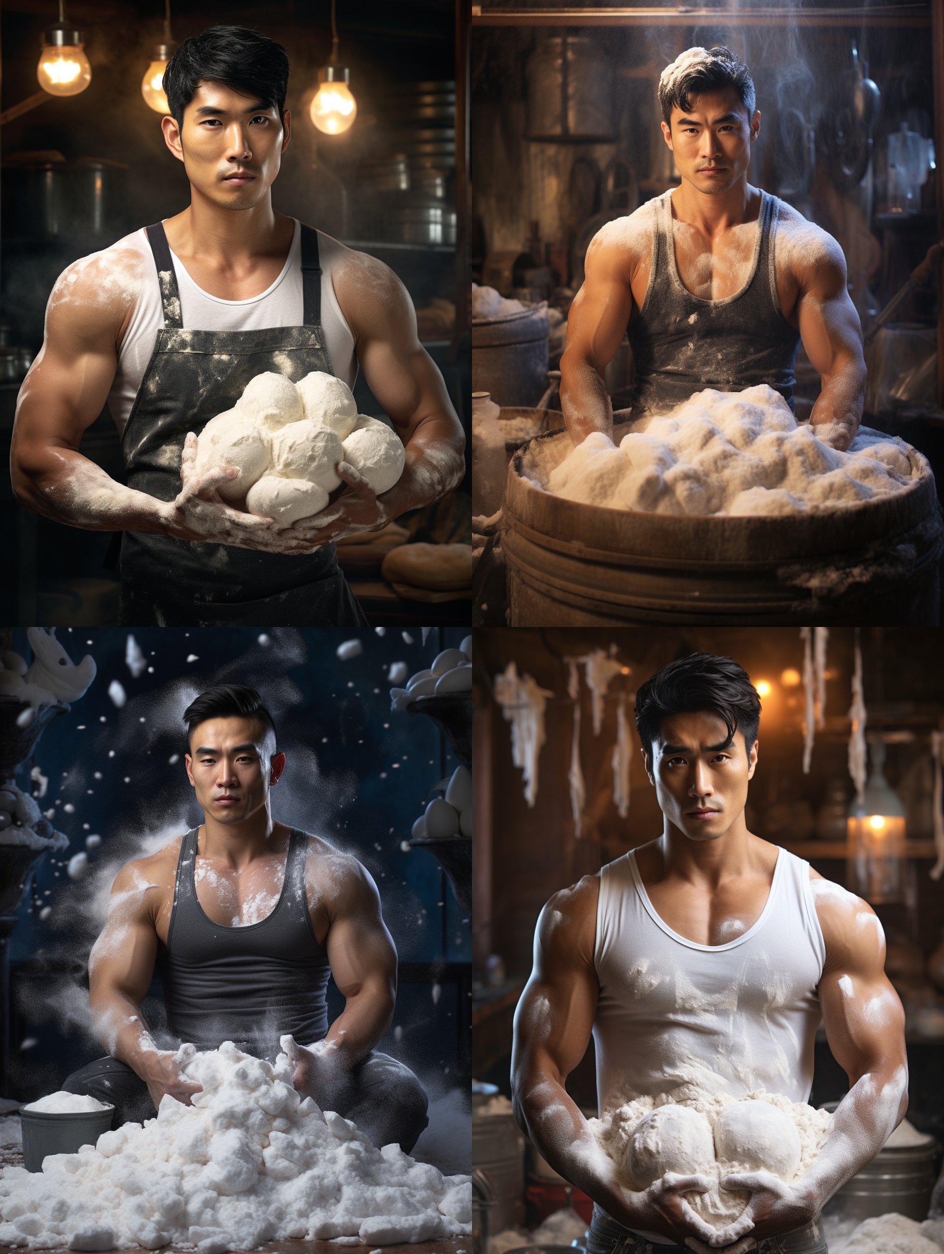 英俊的亚洲男人，敞开上衣，肌肉，巨大的面粉团，身上沾着面粉，细节丰富，超现实主义，逼真的摄影风格, 