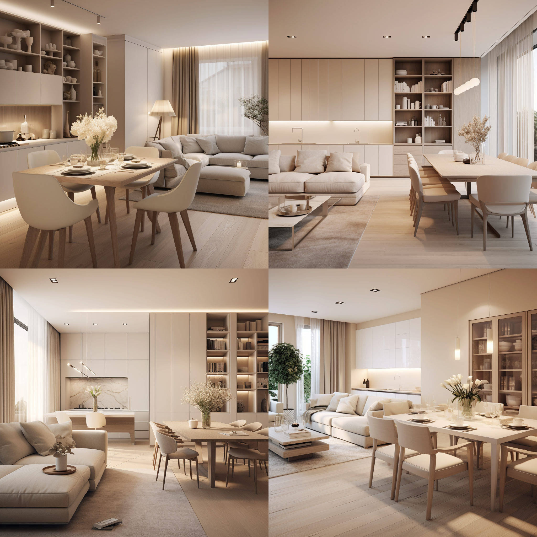 正方形房子内，奶油风色调，白色酒柜，简约餐桌，布艺沙发，明亮室内光线，中心构图，静态，温馨，舒适，现代风格，家居摄影，柔和色彩。