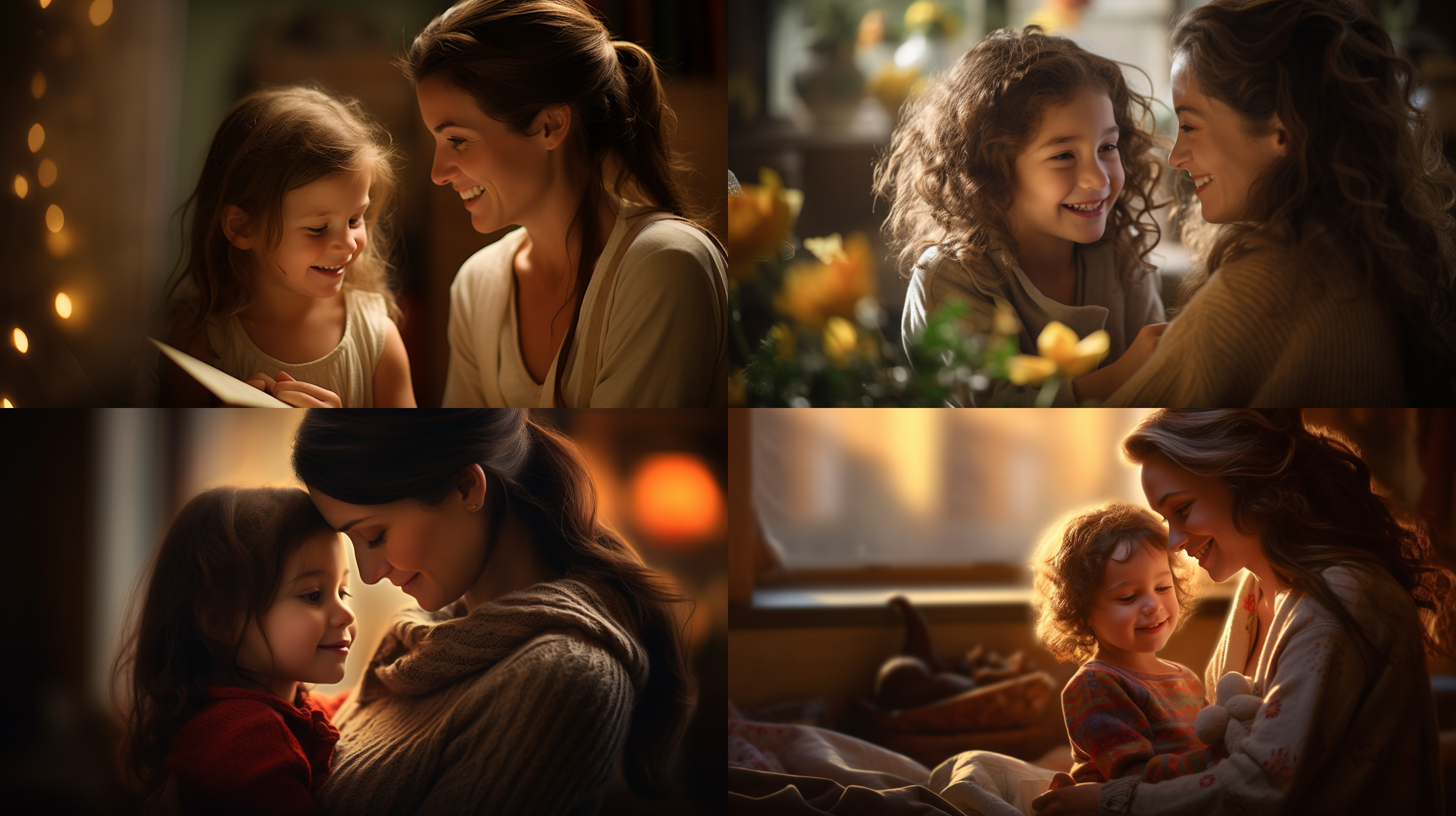 25岁母亲教育女儿，室内环境，温馨亲情，柔和侧光，中焦镜头，自然肖像，笑容，温暖色调，教育，关爱。