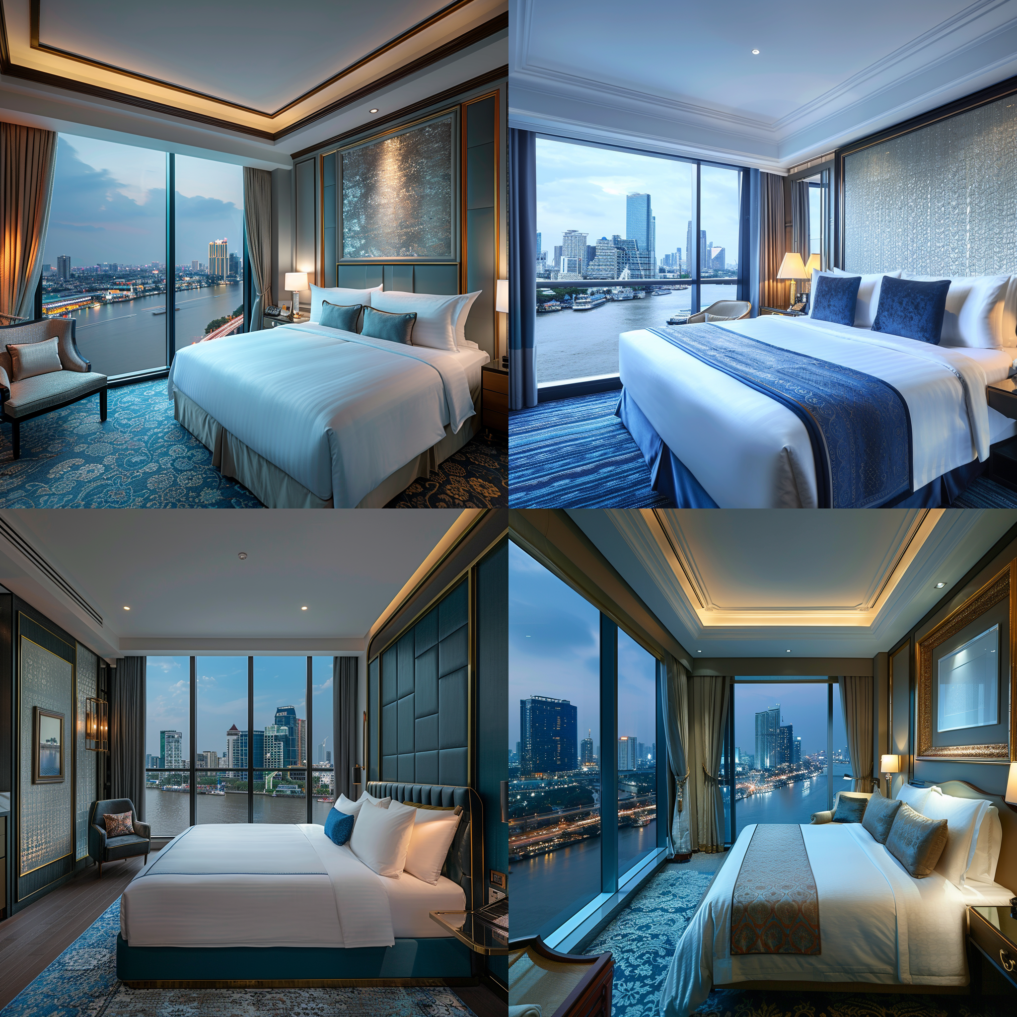 曼谷半岛酒店，豪华临江全景大床房，现代设计，玻璃幕墙，俯瞰河景，舒适床铺，浪漫氛围，奢华装饰，宽广视野，柔和灯光，蓝调色彩，悠闲舒适，放松。