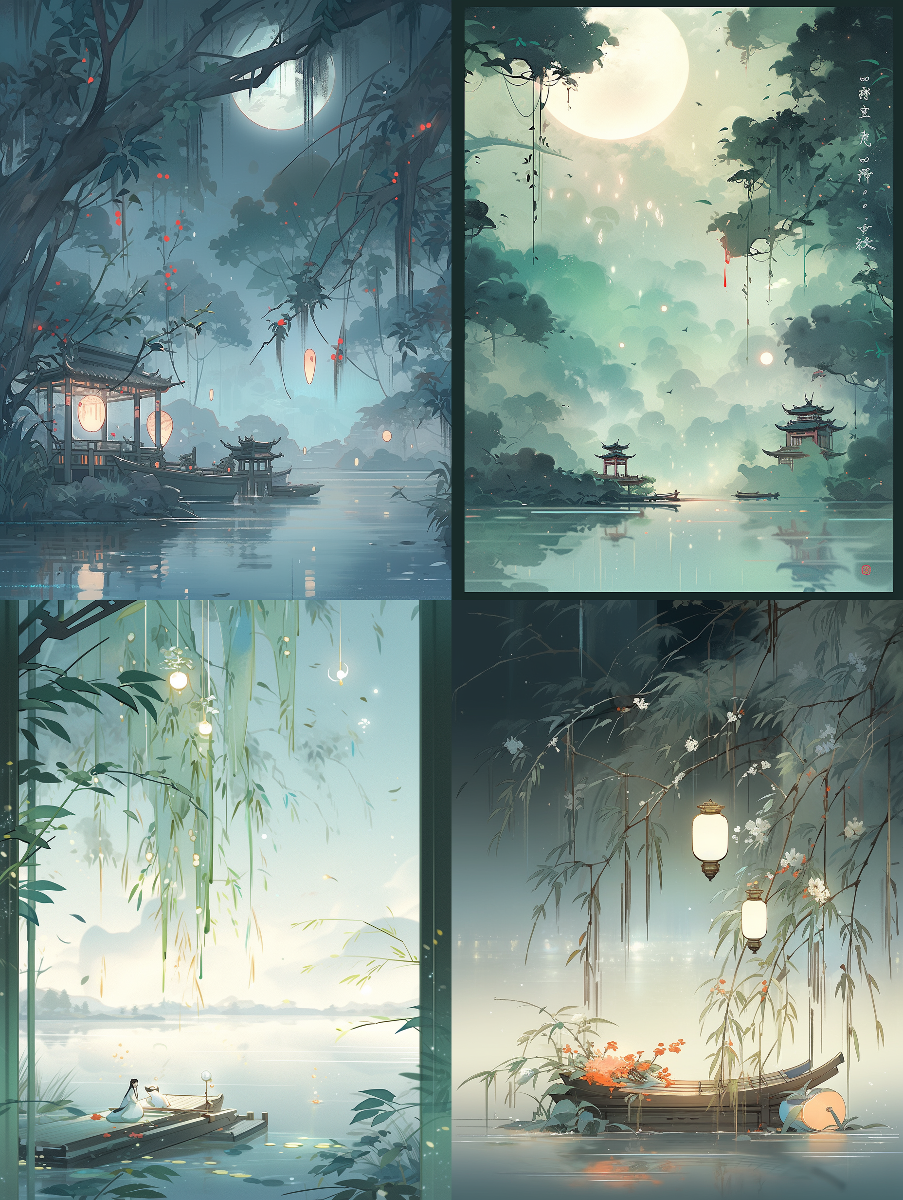 垂柳吟，唐代风格，水边布景，古诗意境，淡绿浅蓝，中国红，暖色调，和谐平衡，古典风情，飘逸轻盈，夜色中。