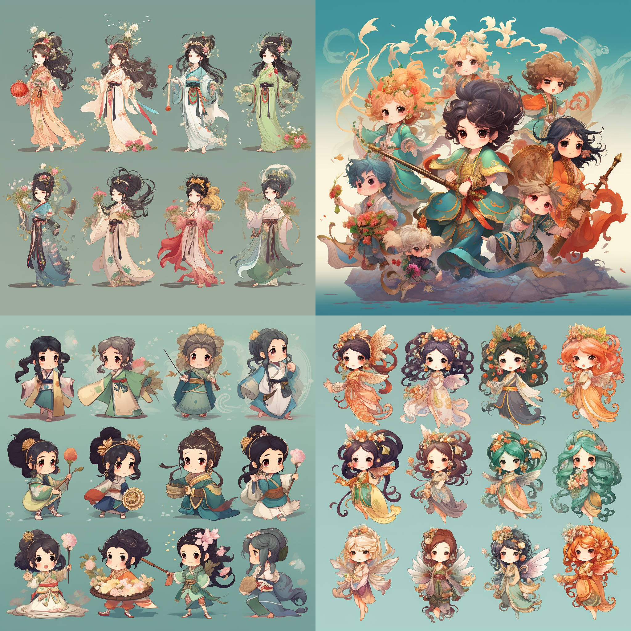 古风十二花神儿童版，卡通风格，极高分辨率，色彩丰富，精致细节，古典元素，神秘氛围，可爱表情，唯美姿态。