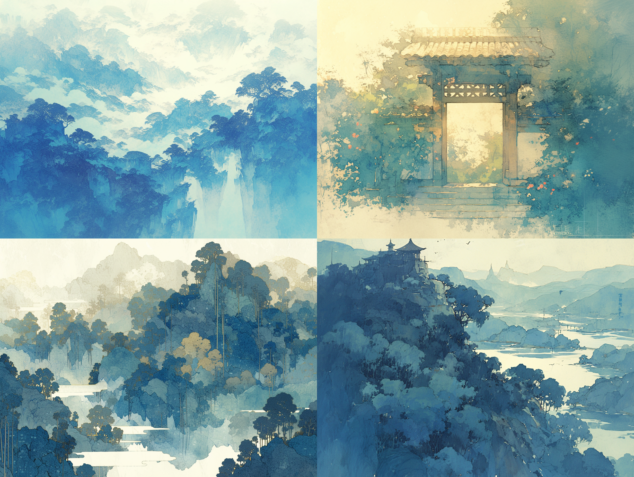 中国古风，风景画，水墨风格，青绿色调，抽象艺术，虚幻引擎，柔和光线