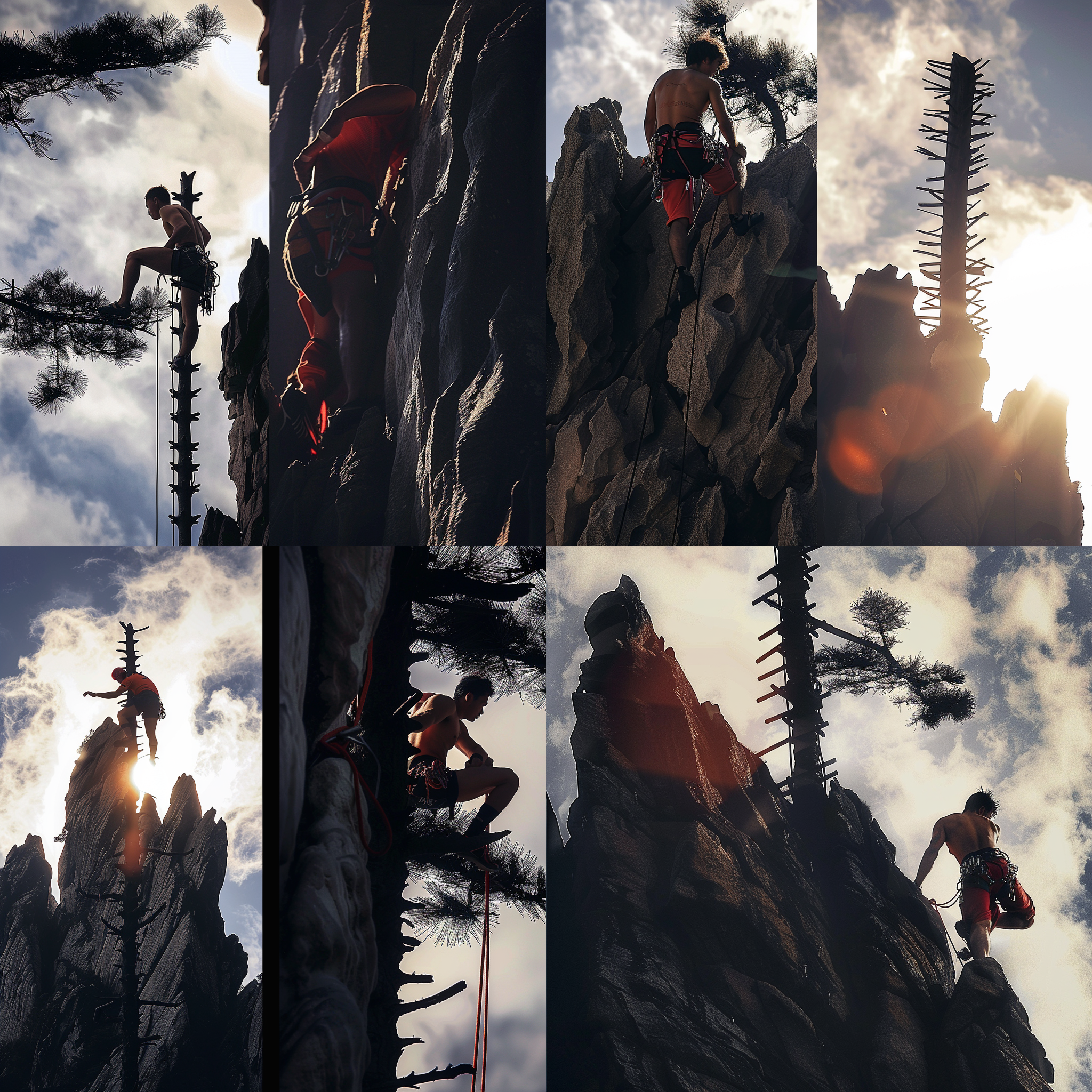 男子爬山，两图合成，伤痕累累，崎岖山脉，冒险探险，户外运动，背影，汗水，坚毅表情，逆光，长焦镜头，自然光，暗调，冒险精神。