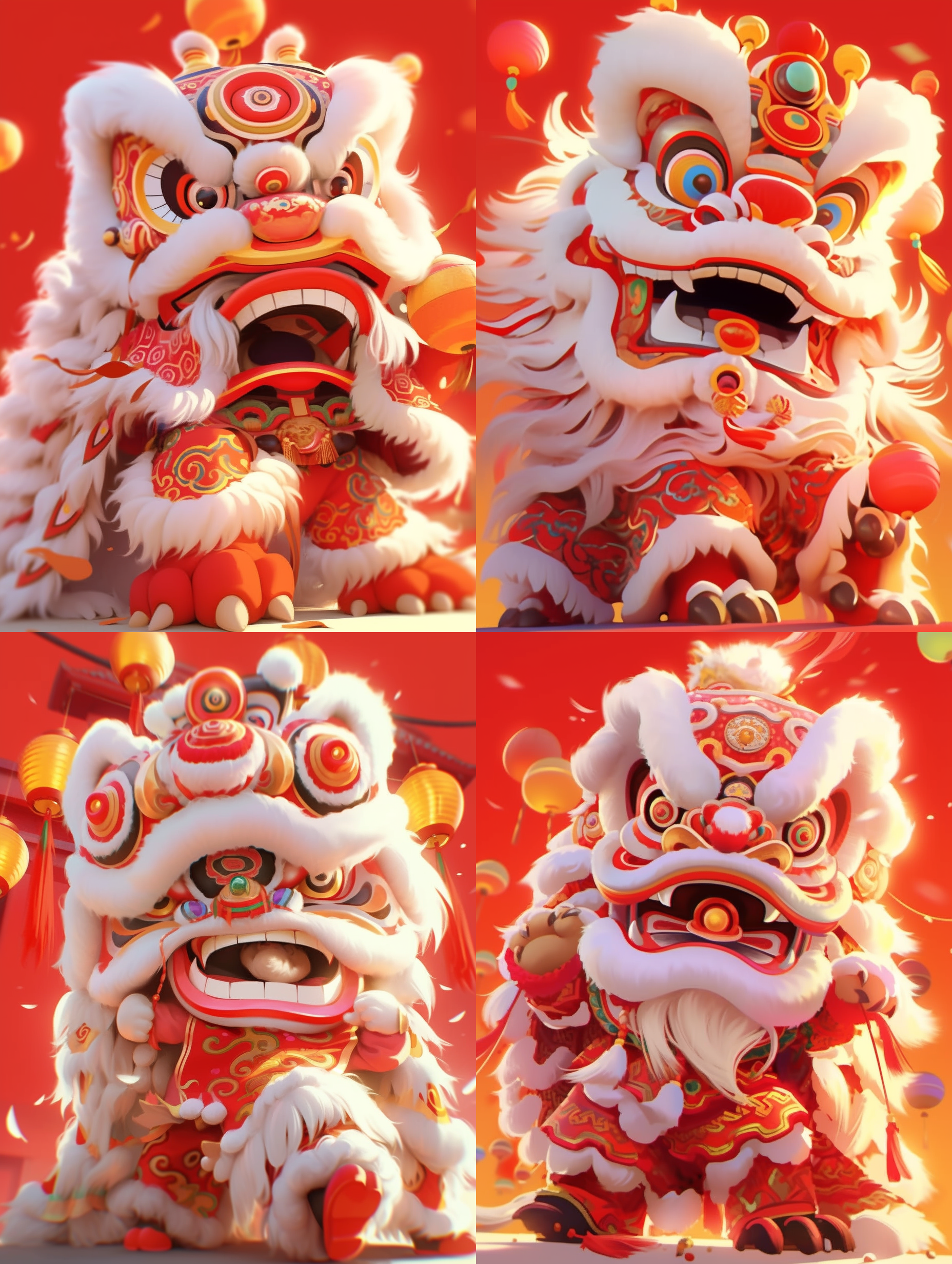 可爱醒狮，迪士尼卡通风格，欢快表情，竖直构图，明亮色彩，近景特写，柔和灯光，生动动作，夸张特征，温暖情绪。