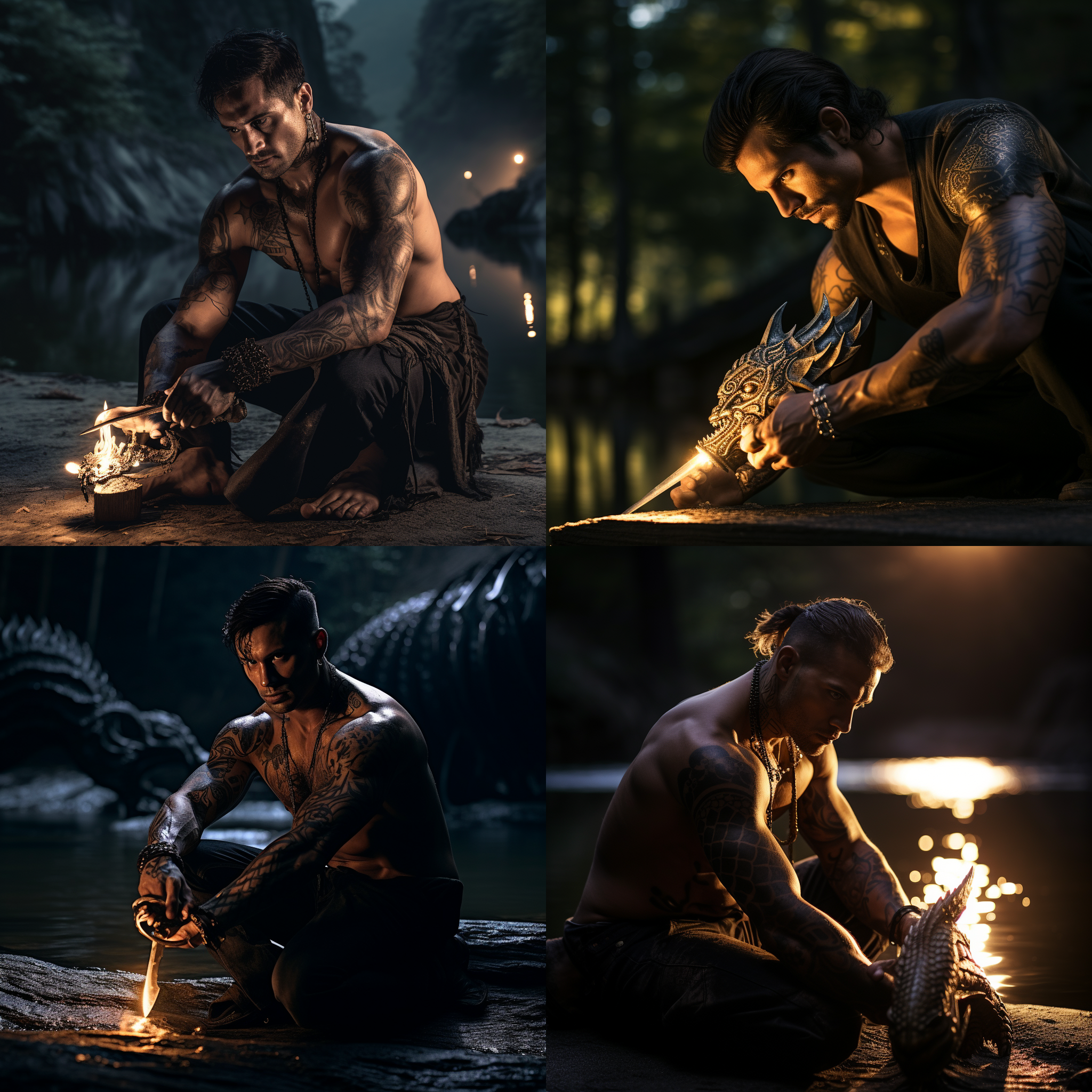 英俊肌肉男人，朋克风格，黑色飞机头短发，手持金色刀柄印有龙纹的开山刀，单膝跪在小河边，在月光下，电影光影，虚幻引擎，暗调，侧光，动作镜头，神秘，震撼。