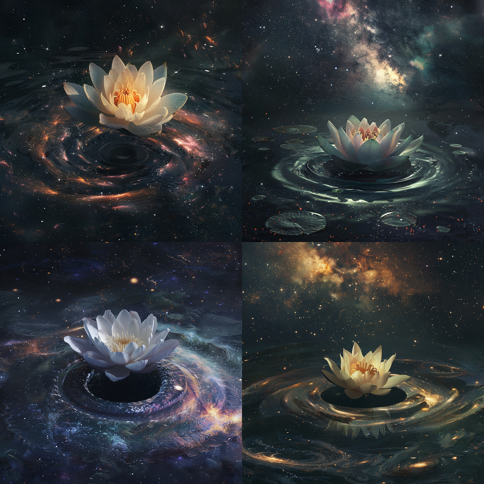 荷花漂浮，宇宙星空，真实风格，高饱和度，宇宙黑洞，微距镜头，神秘光影，静态，