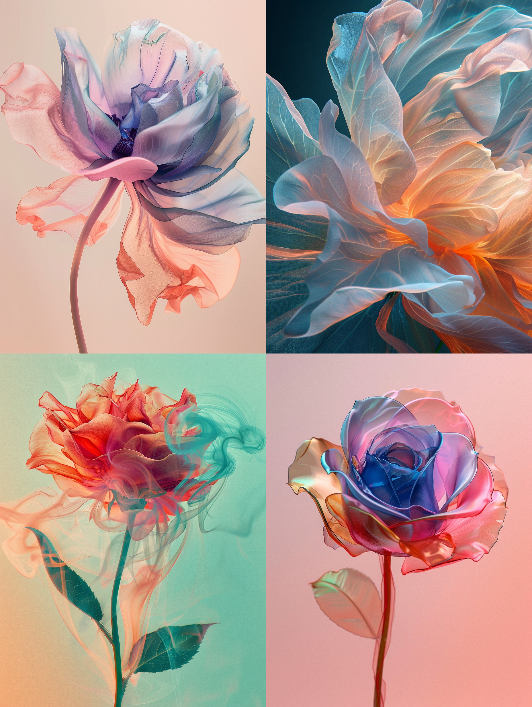 七彩玫瑰，一朵花，特写侧面，红绿蓝花朵，清晰的花瓣，桌面布局，白色粉色丝绸，中心构图，微距镜头，自然光，静态，鲜艳，柔和。