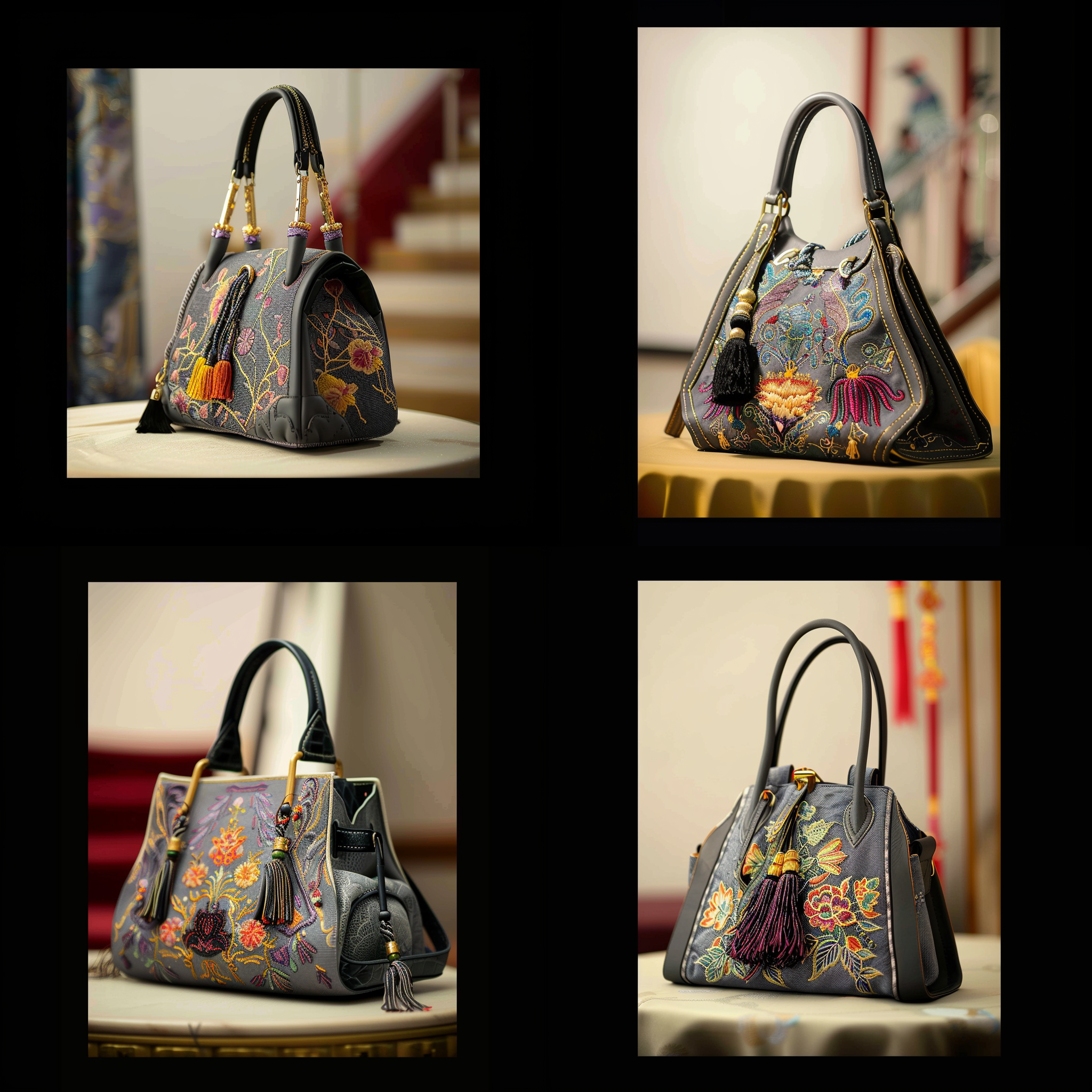 中国风，手提包，刺绣，缂丝工艺，香奈儿风格，黑色皮子 传统风格，古典元素，明亮色调，细节丰富，高清晰度，中央构图，静态姿势，优雅气质，华丽装饰，神秘情感。