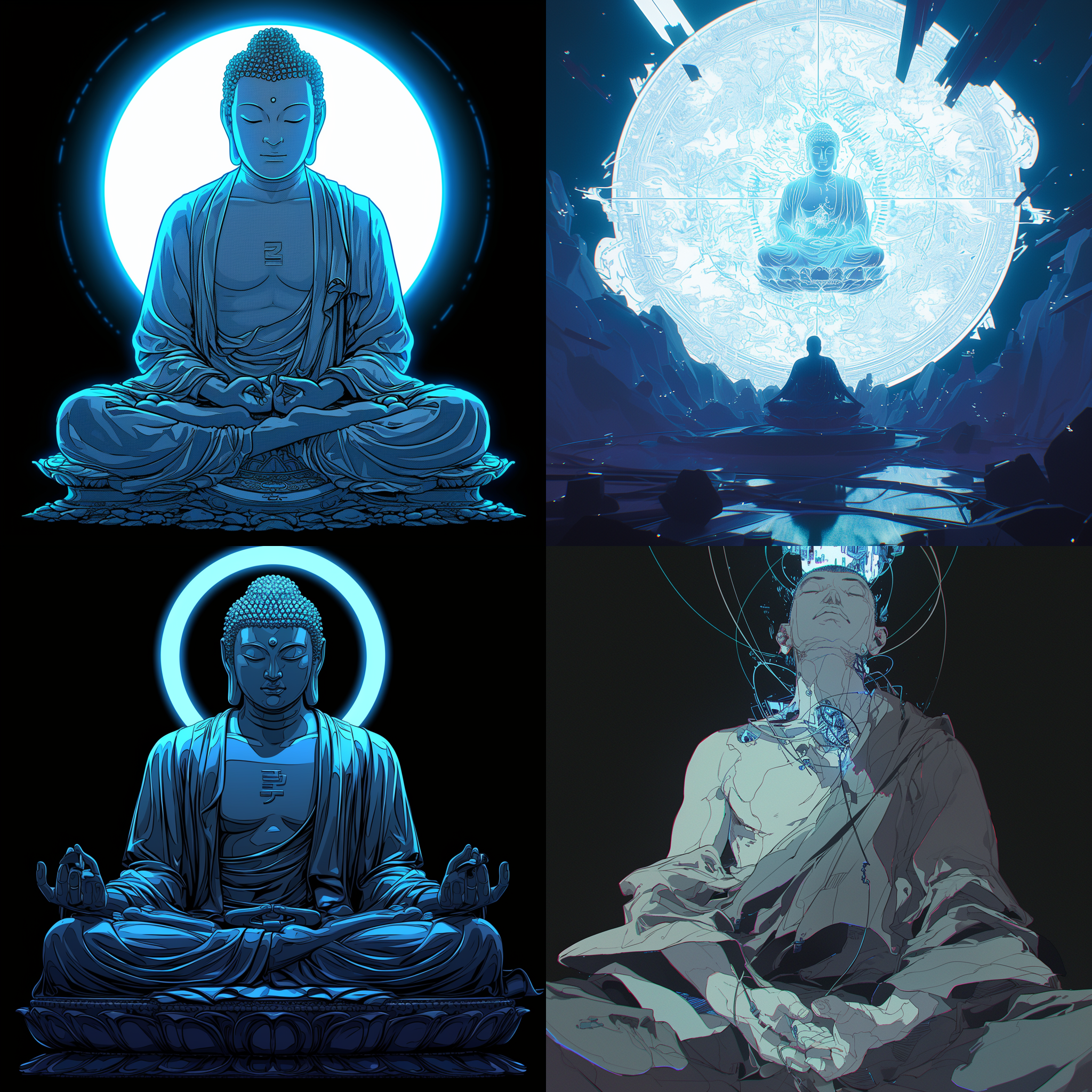 佛像全身像，简约风格，佛像背后是大千世界，简约风格，黑白色调，淡蓝色荧光线条，佛光普照，参考西藏佛教风格，高清晰度，侧光，细节丰富，静态，宁静。