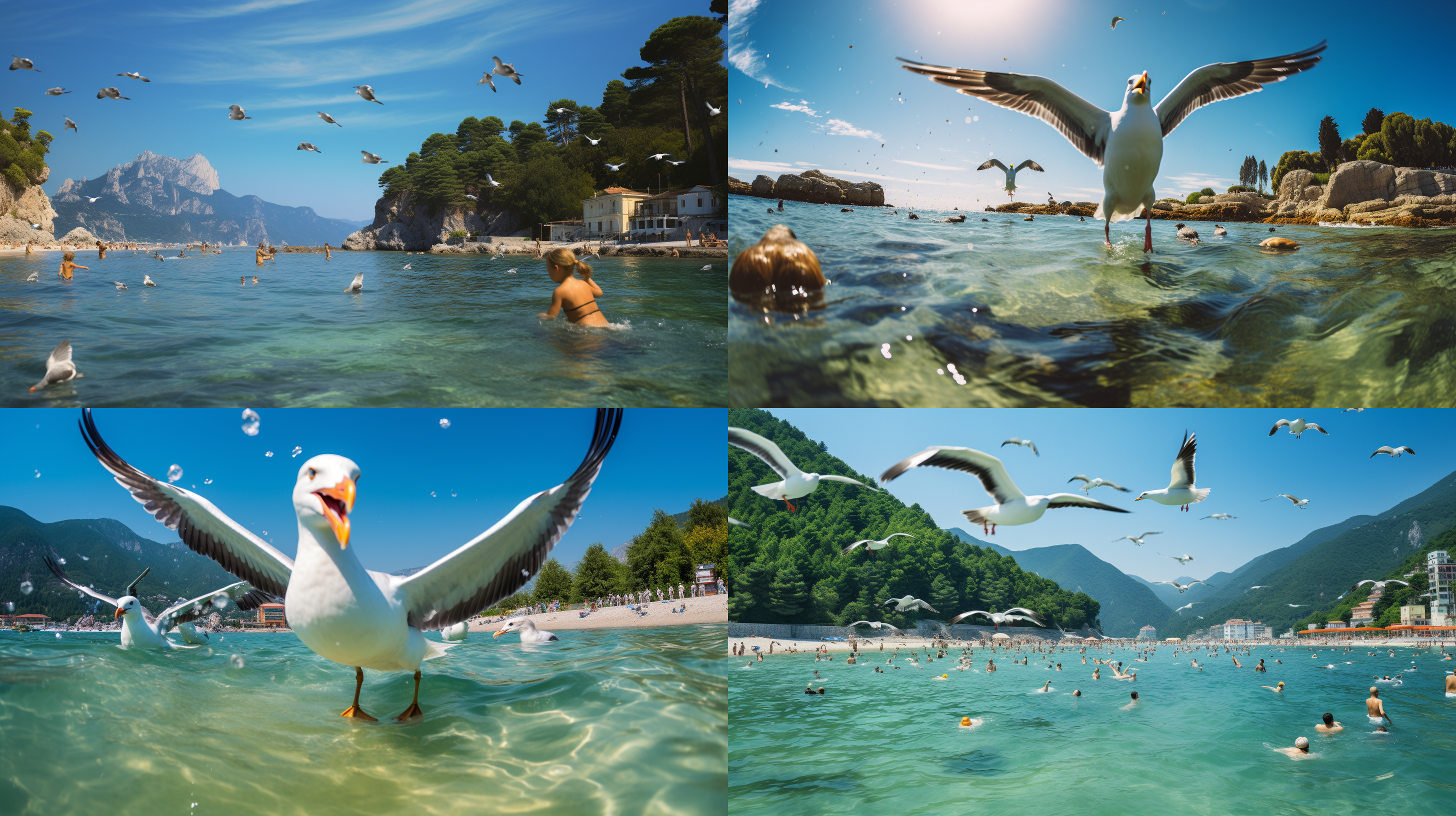 翠绿的海岸，海鸥盘旋，夏天的阳光照耀下，游泳者畅游海中，游人们沙滩上微笑欢笑。风景独特，构图对称，色彩明亮，环境自然，广角镜头，明亮背光，水中动作，轻松愉快，活力四溢。