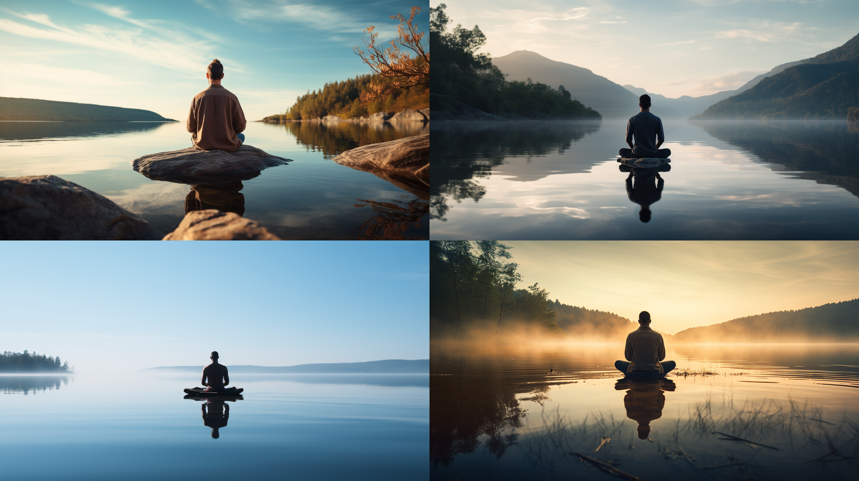男人冥想，湖边背景，静谧，安详，广角镜头，水面倒影，柔和光线，抽象构图，自然色调，宁静。