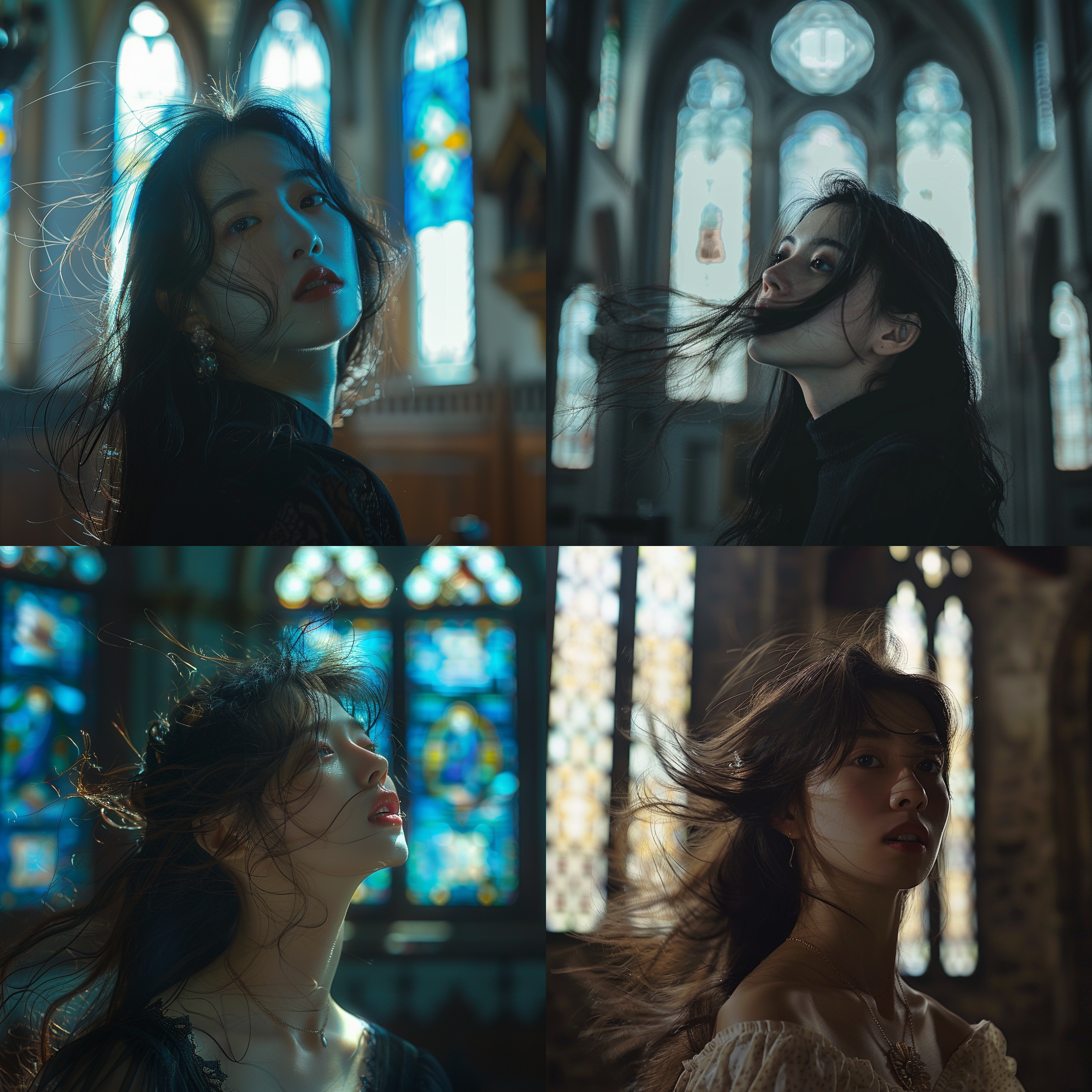 女子凝视远方，风吹动头发，细节丰富，角色肖像，艾轩风格，新浪漫主义，明暗对比强烈，教堂内部，自然光，人像摄影，长焦镜头，静态，忧郁，蓝色调，8k画质。