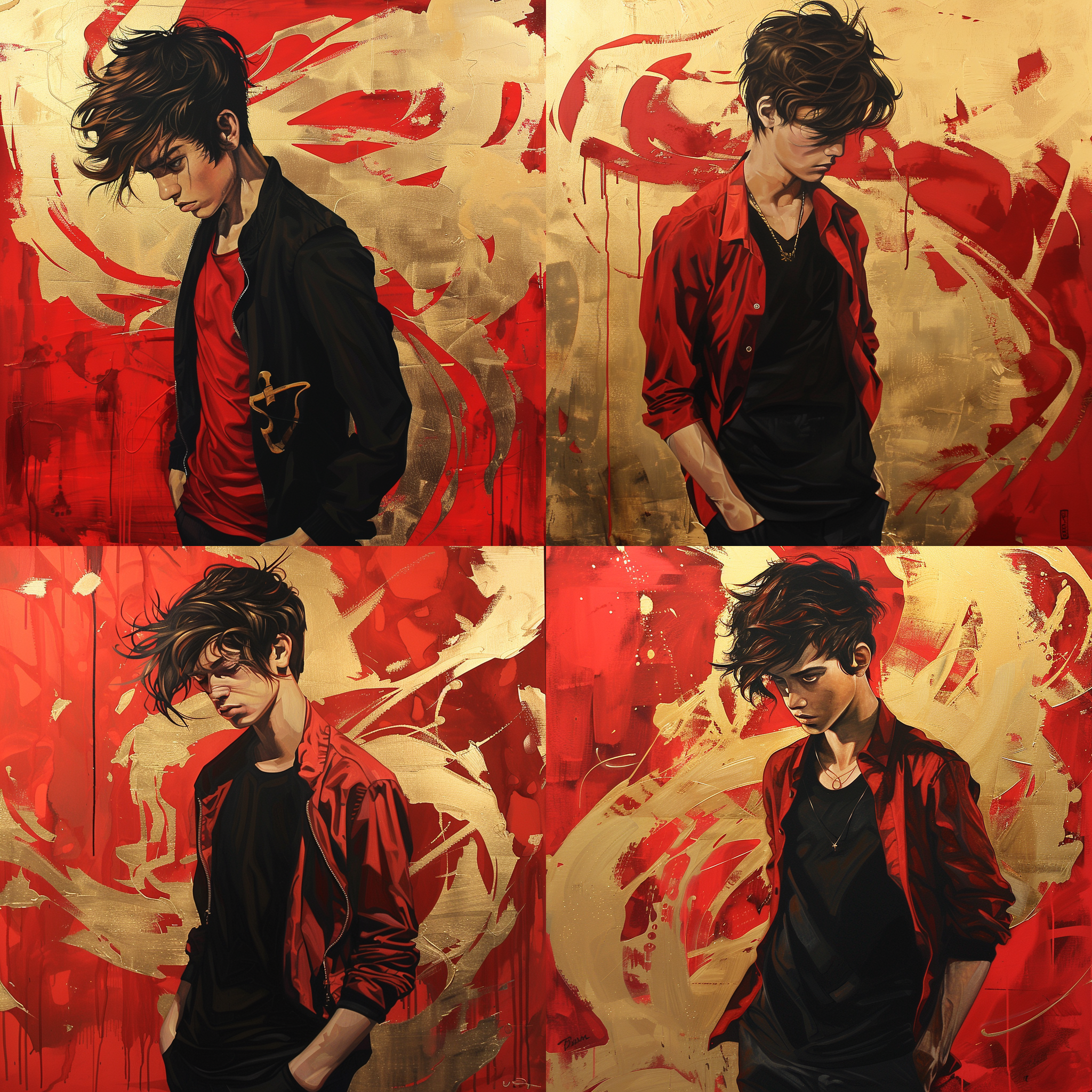 男孩和超可爱的中国红色小龙，全部，红色，金色，白色背景，灰色，keith haring风格涂鸦，扁平卡通，可爱涂鸦艺术，粗线条和纯色，马克笔插图，面部特写，简约。